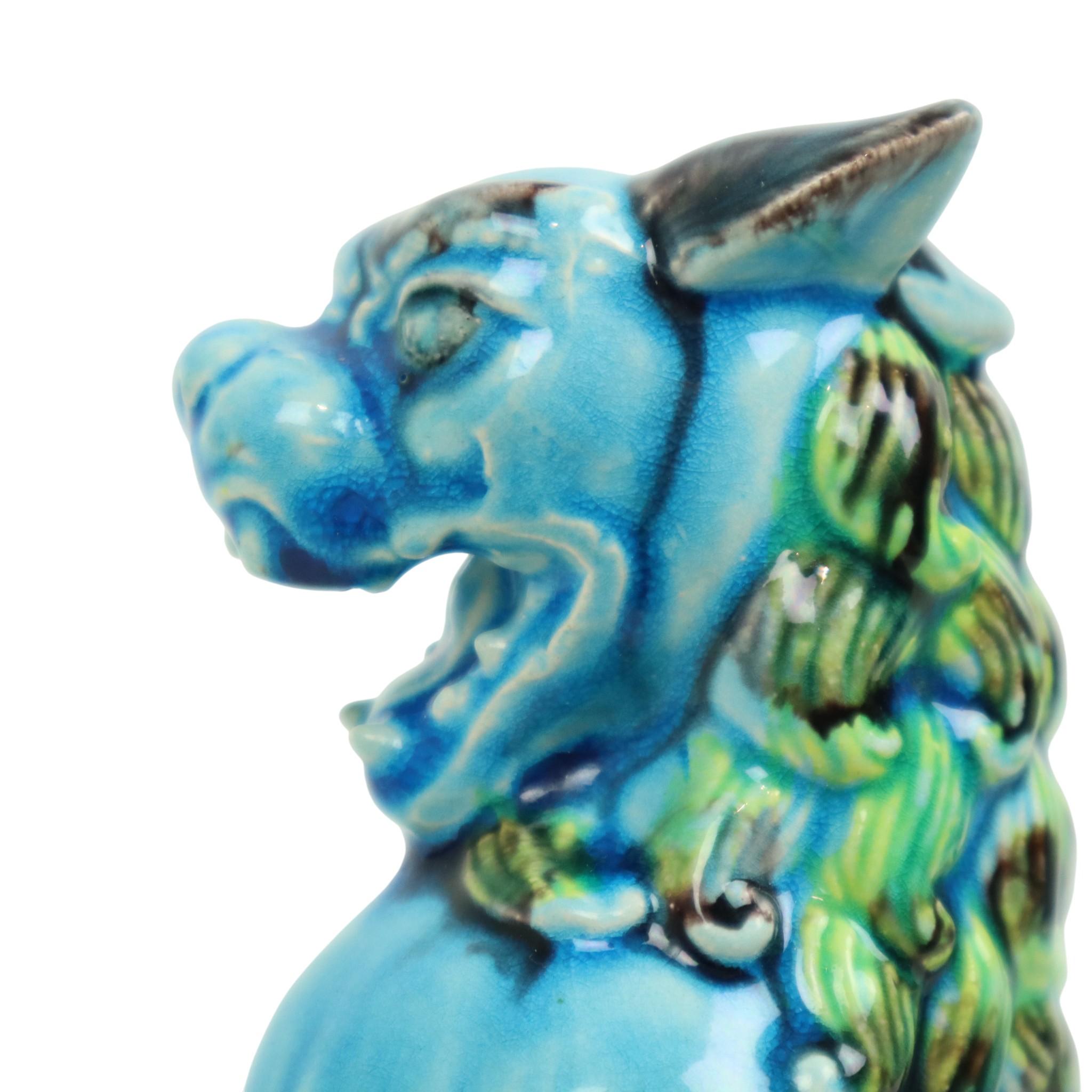 Paar chinesische Wächterlöwen Foo Hunde Blau Keramik im Angebot 7