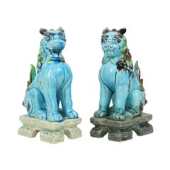 Pair of Chinese Guardian Lions Foo Dogs Blue Ceramic