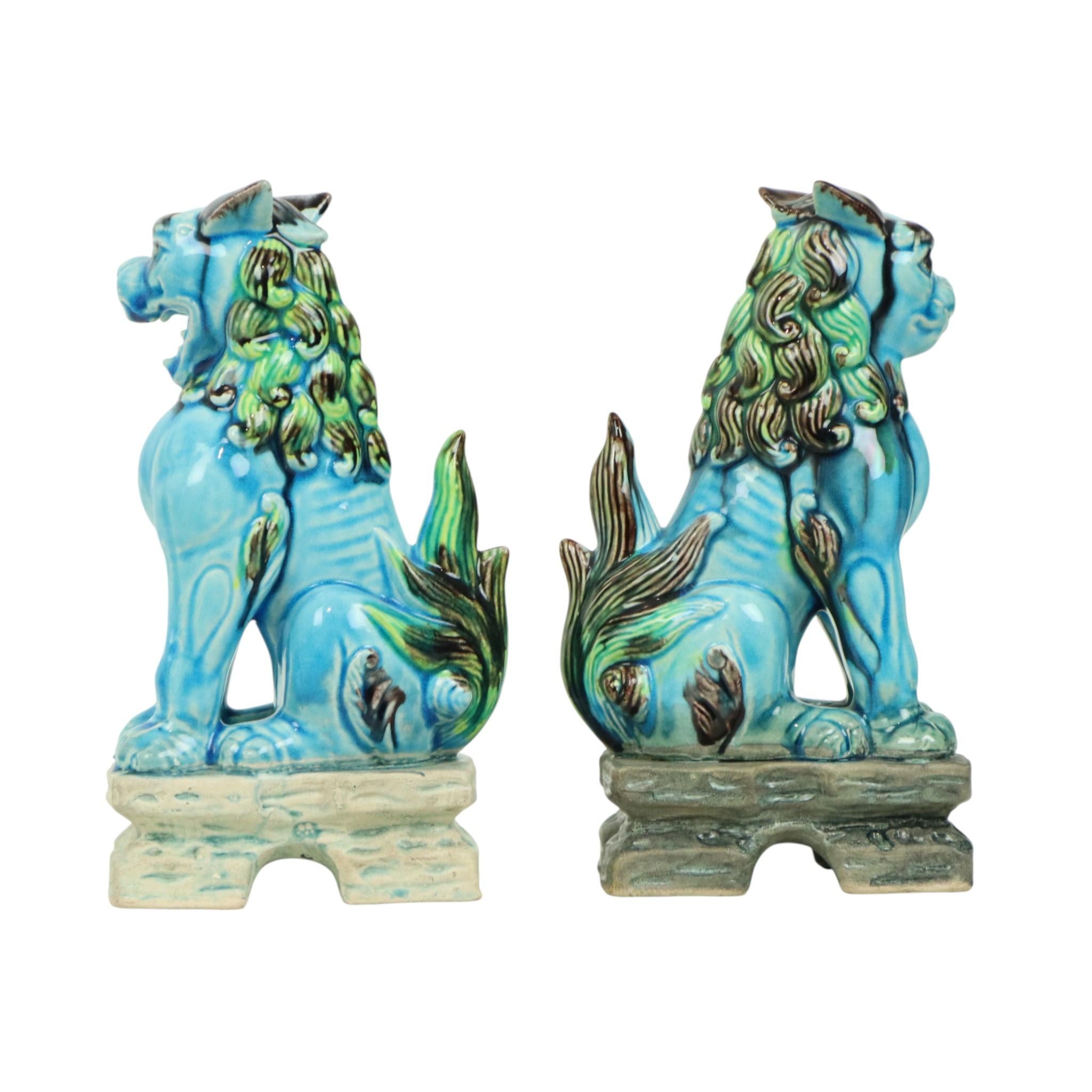 Paar chinesische Wächterlöwen Foo Hunde Blau Keramik (Chinesisch) im Angebot