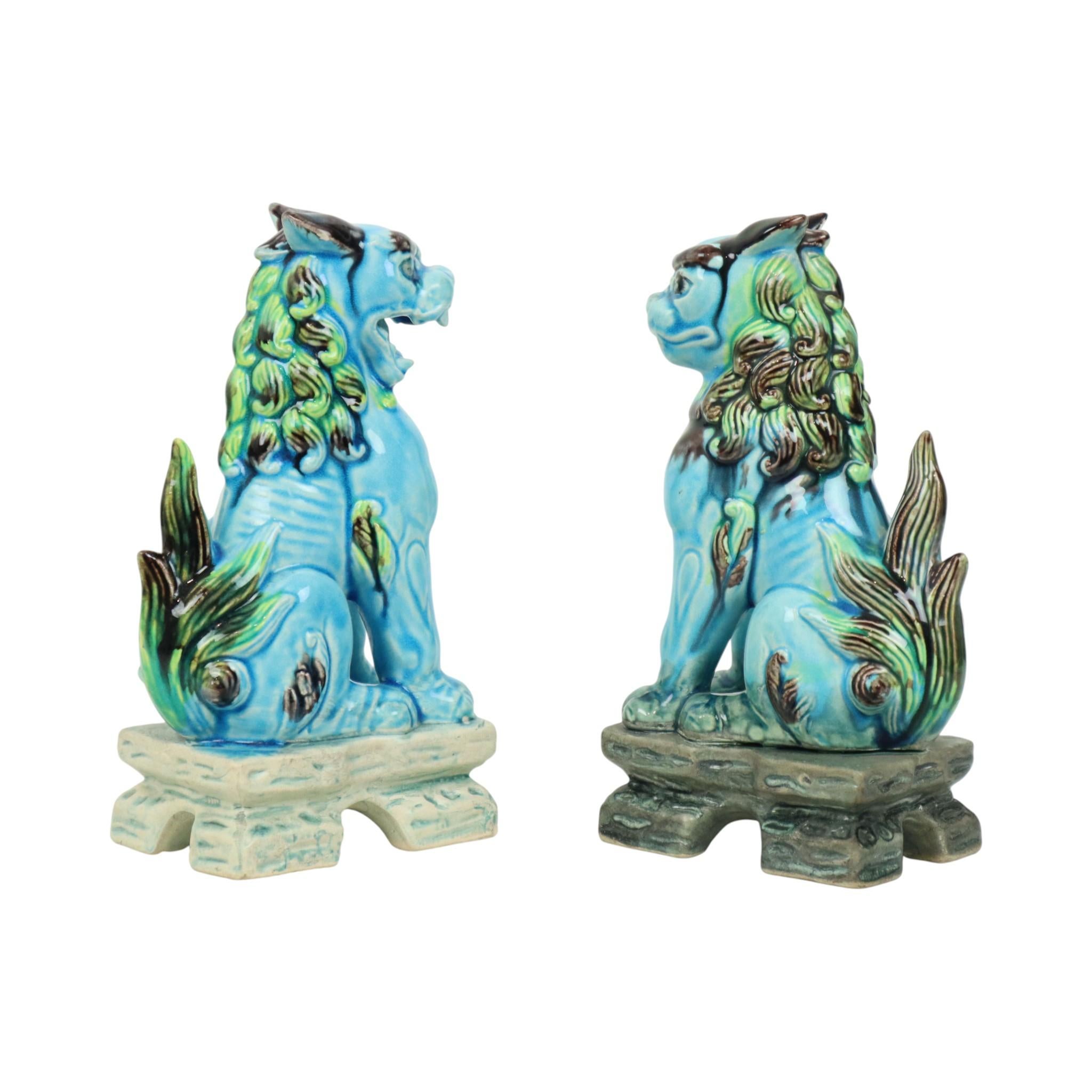 Paar chinesische Wächterlöwen Foo Hunde Blau Keramik im Zustand „Gut“ im Angebot in Poperinge, BE