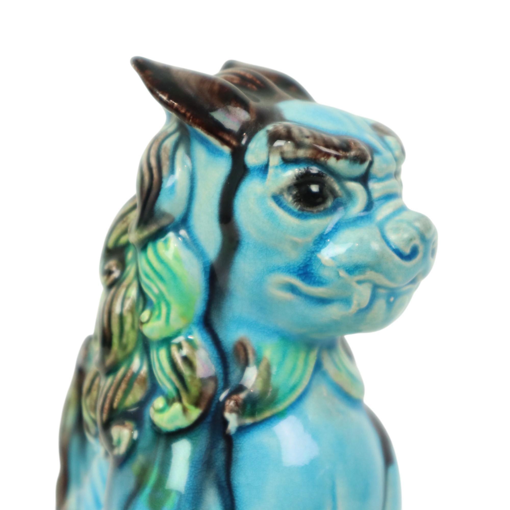 Paar chinesische Wächterlöwen Foo Hunde Blau Keramik im Angebot 1