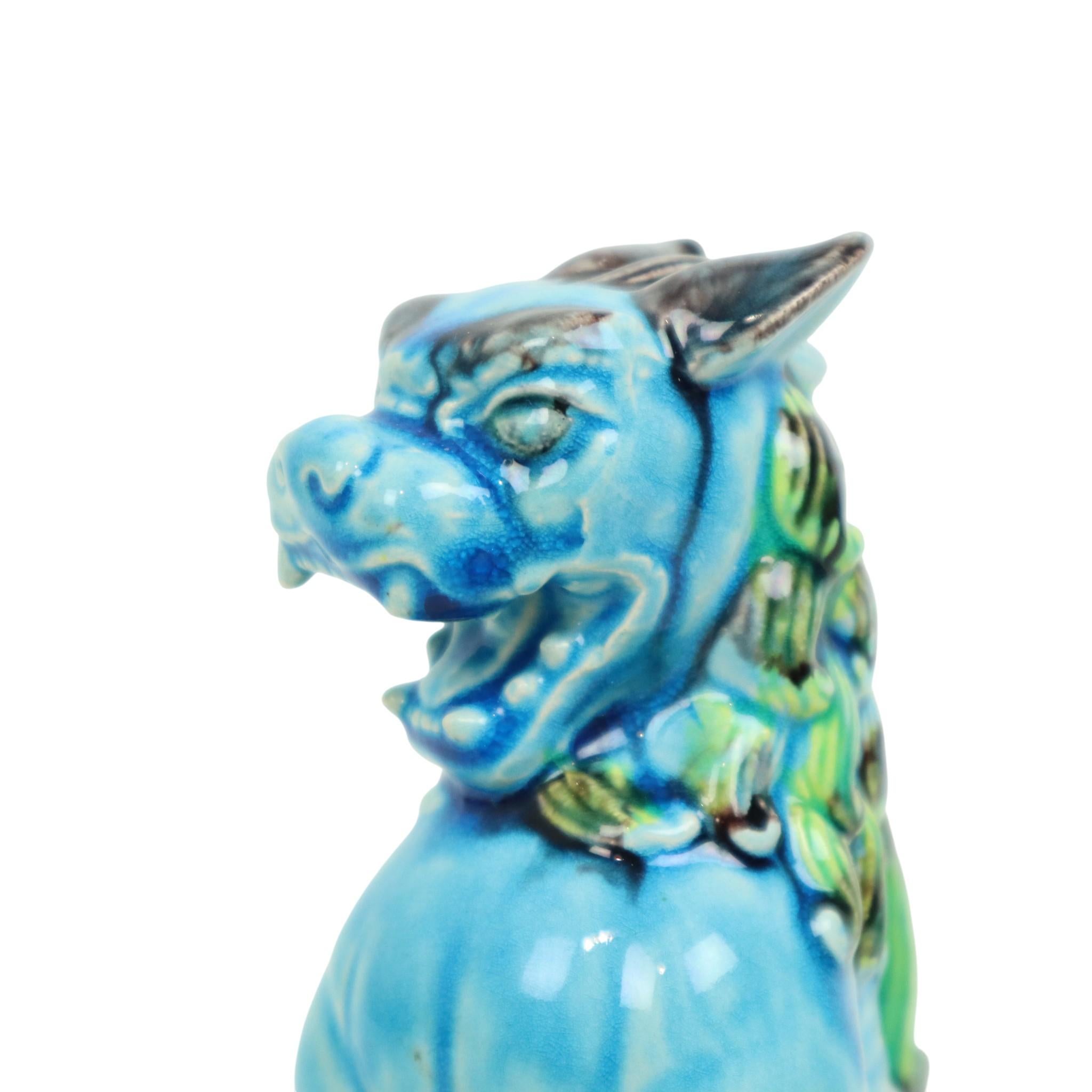 Paar chinesische Wächterlöwen Foo Hunde Blau Keramik im Angebot 2