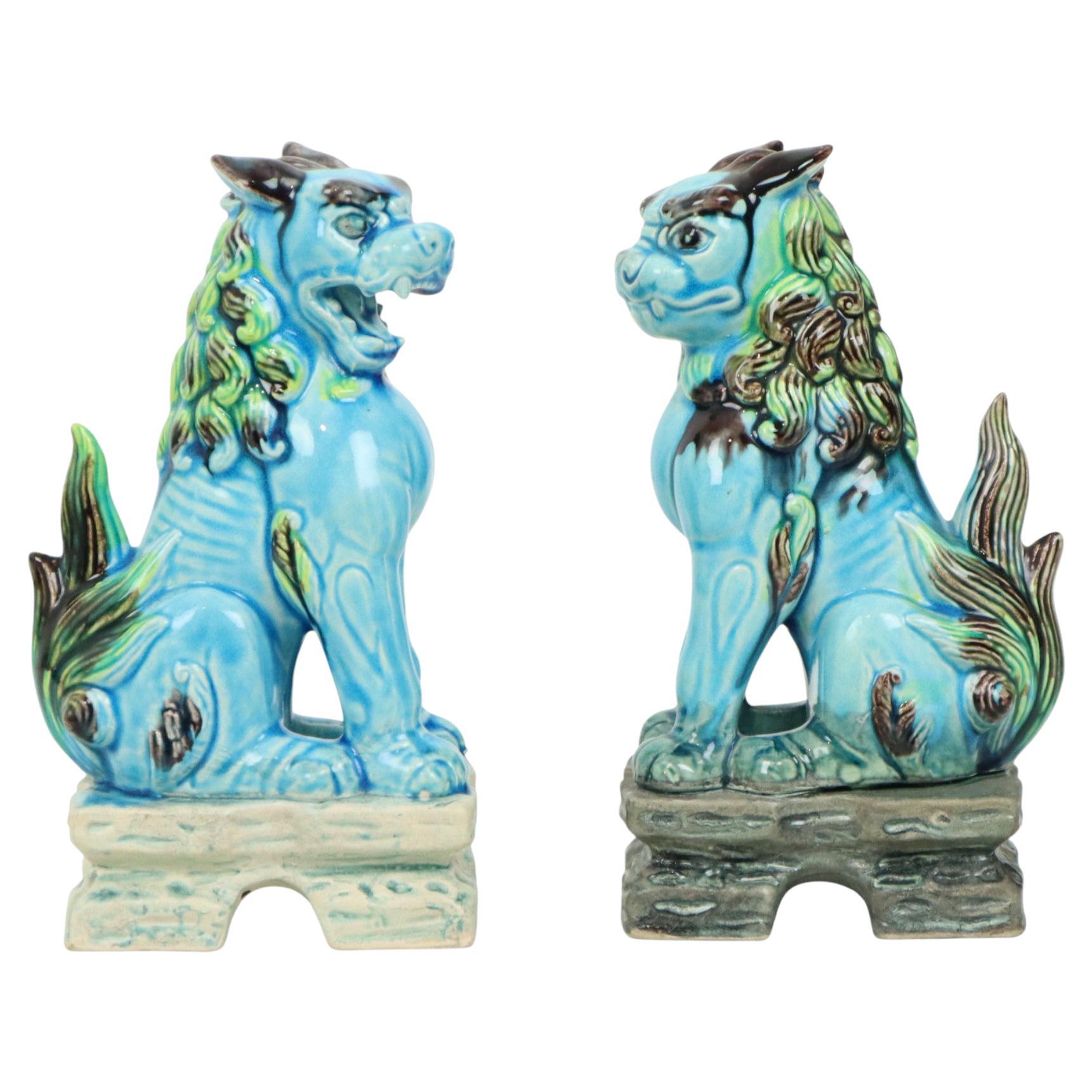 Pair of Chinese Guardian Lions Foo Dogs Blue Ceramic