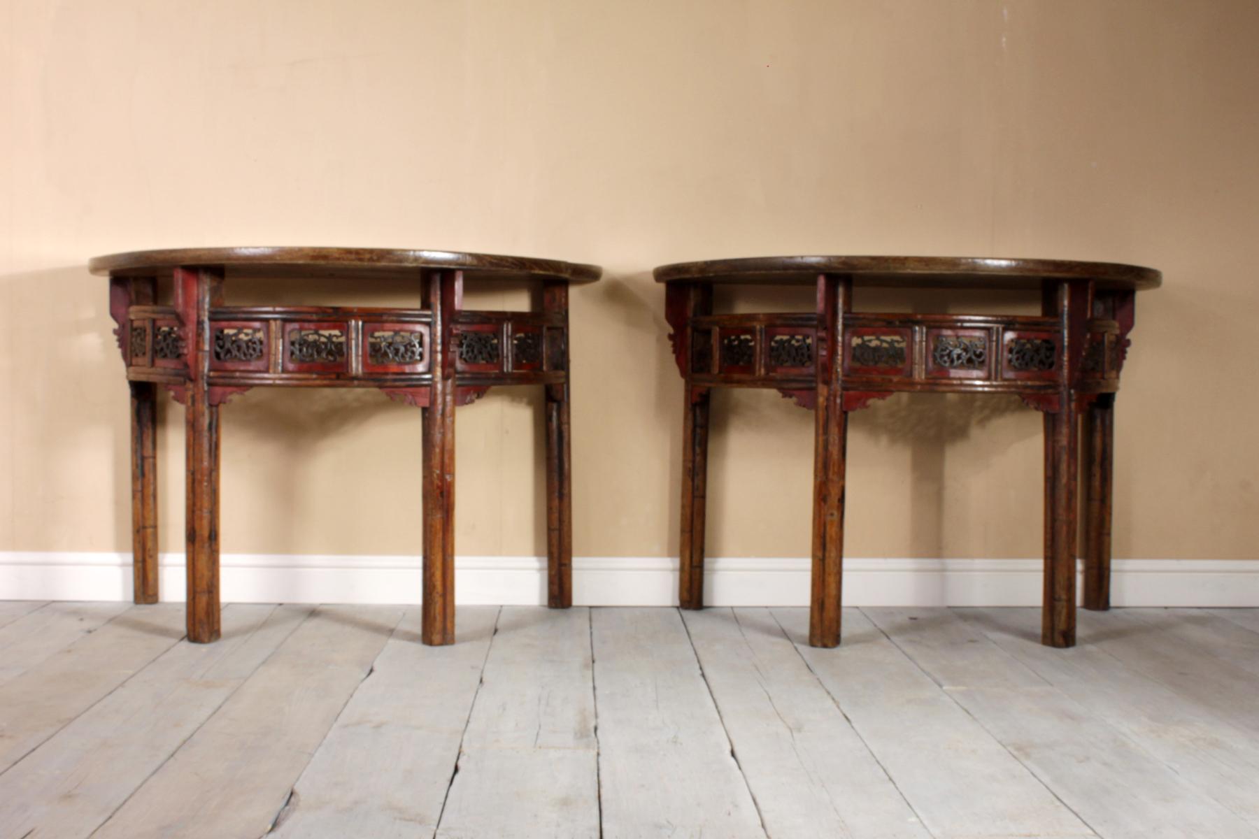 Pair of Chinese half moon console tables, circa 1860.
A pair of Chinese console tables that join to make a round table from the Shanxi Provence, produced in pine and poplar wood with faux bamboo and pierced carved detail, originally lacquered in