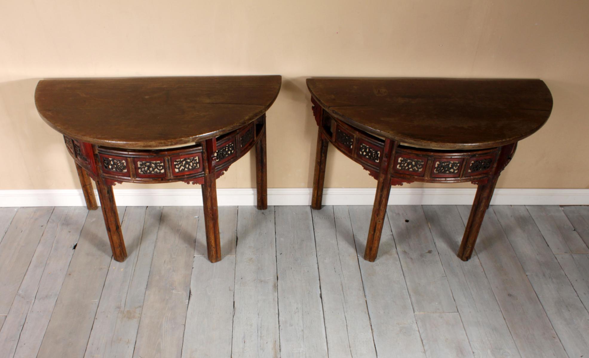 Pair of Chinese Half Moon Console Tables, circa 1860 In Good Condition For Sale In Paddock Wood, Kent