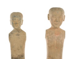 Pair of Chinese Han Dynasty Tall Slender Terracotta Stick Man Figures