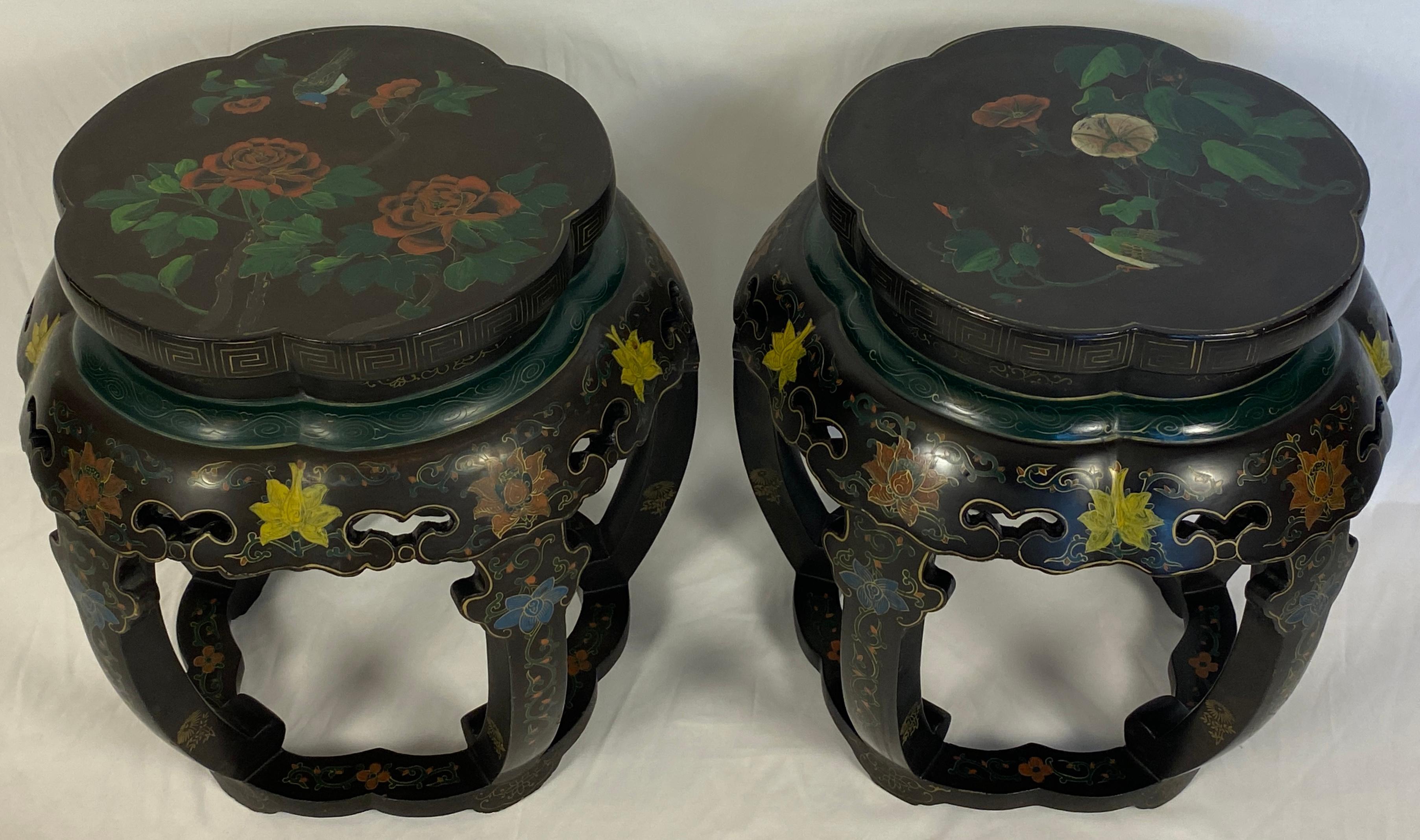 Pair of Chinese Hand Carved and Hand Painted Side Tables For Sale 1