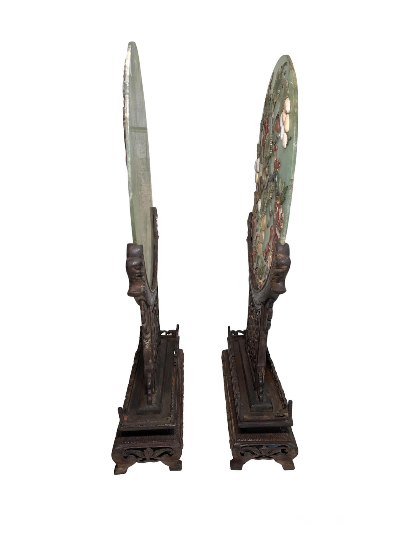Pair of Chinese Hand Carved Jade and Wood Table Screens For Sale 8