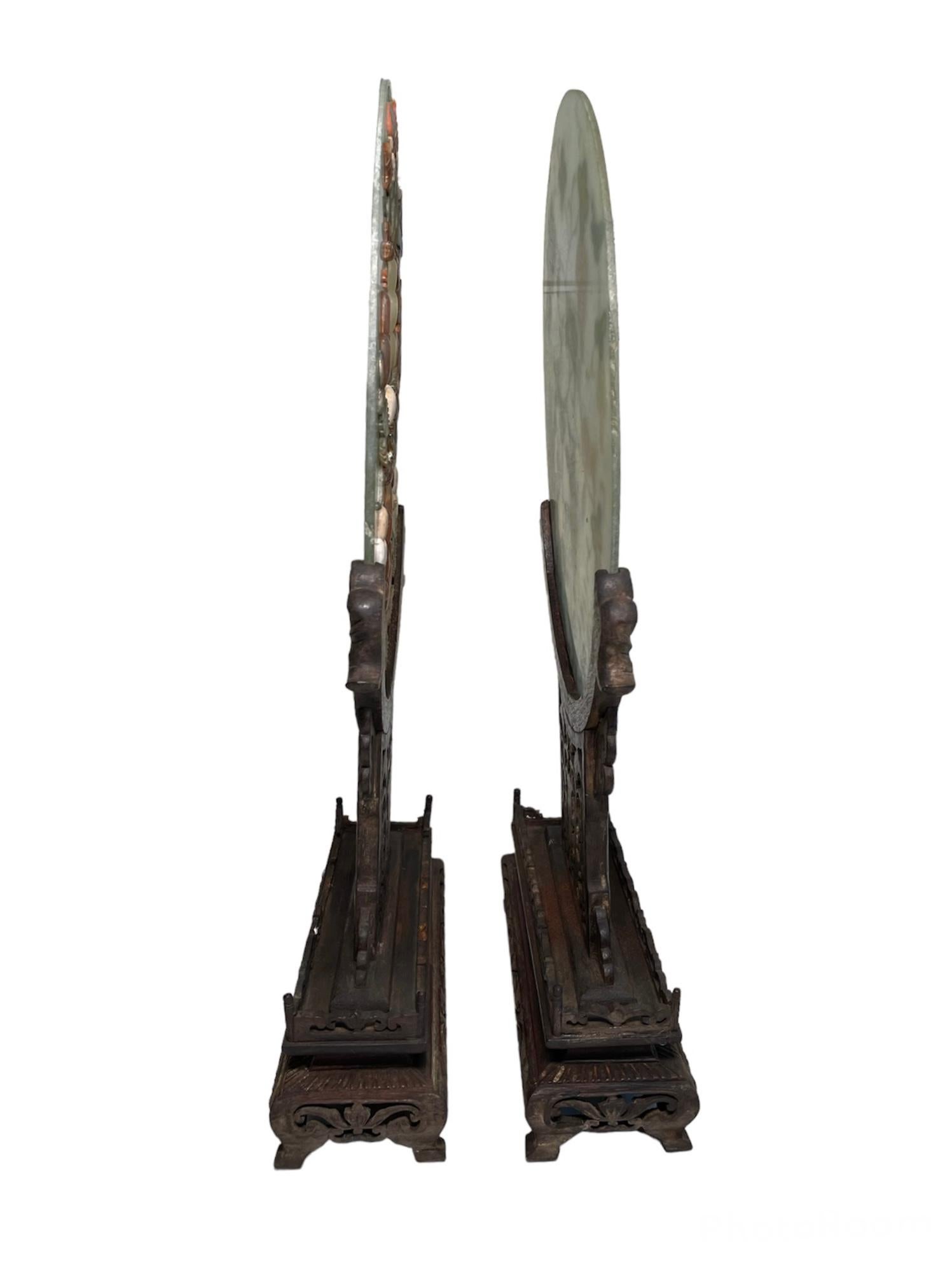 Pair of Chinese Hand Carved Jade and Wood Table Screens For Sale 10