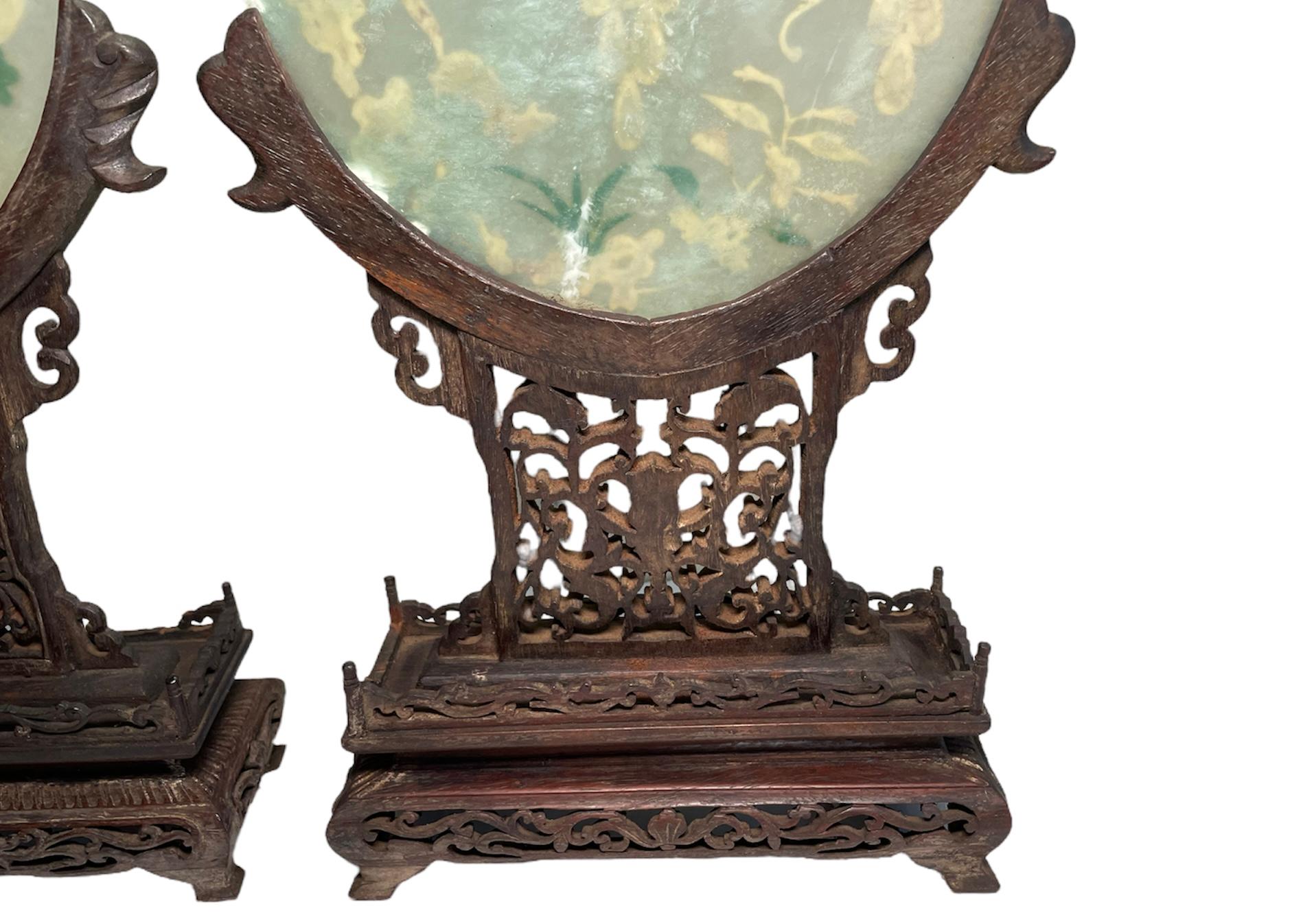 Pair of Chinese Hand Carved Jade and Wood Table Screens For Sale 11