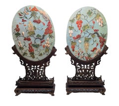 Pair of Chinese Hand Carved Jade and Wood Table Screens
