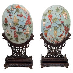 Pair of Chinese Hand Carved Jade and Wood Table Screens
