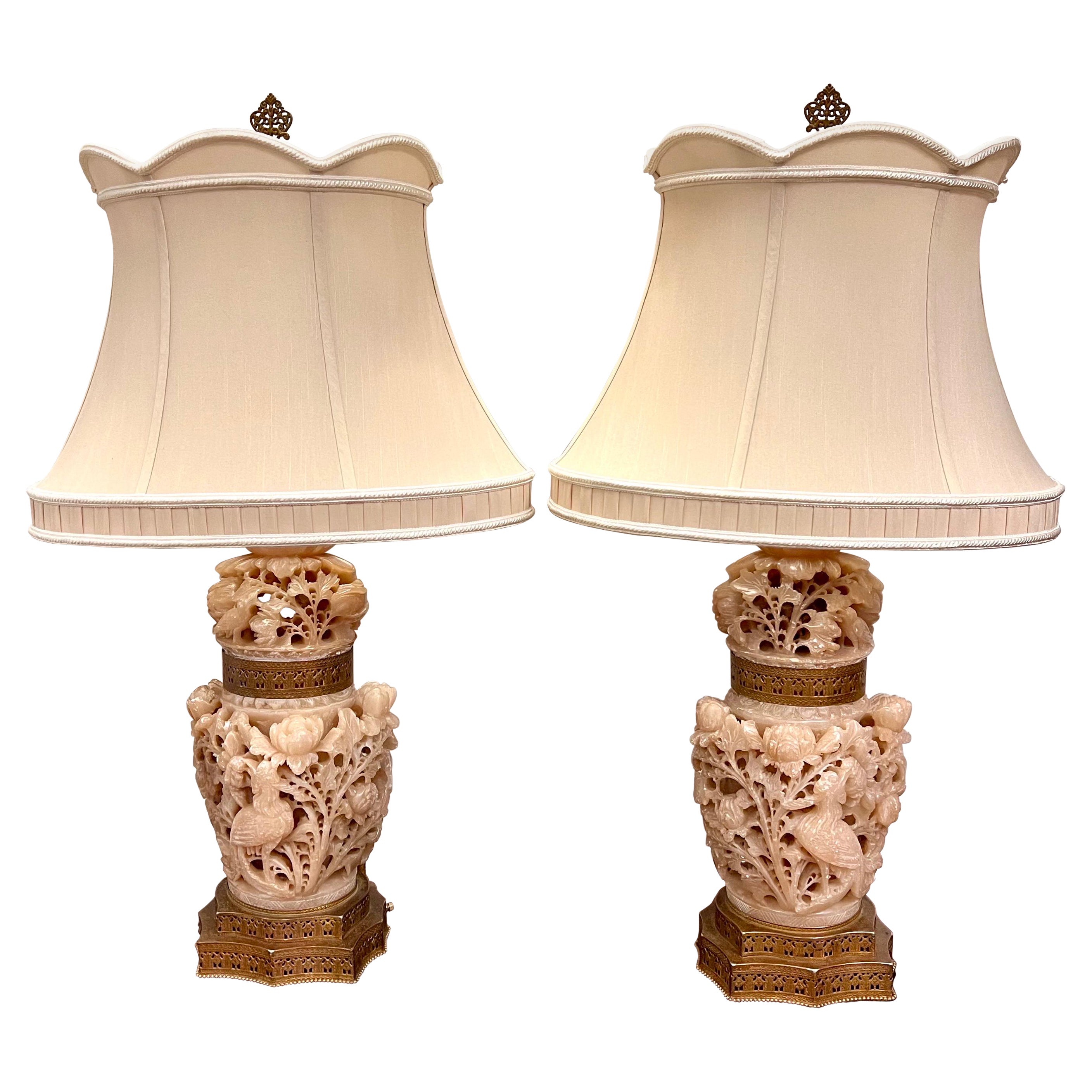 Pair of Chinese Hand Carved Pink Alabaster Ginger Jar Lamps with Shades