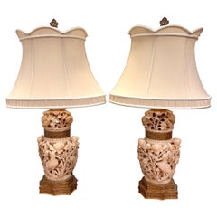 Pair of Chinese Hand Carved Pink Alabaster Ginger Jar Lamps with Shades