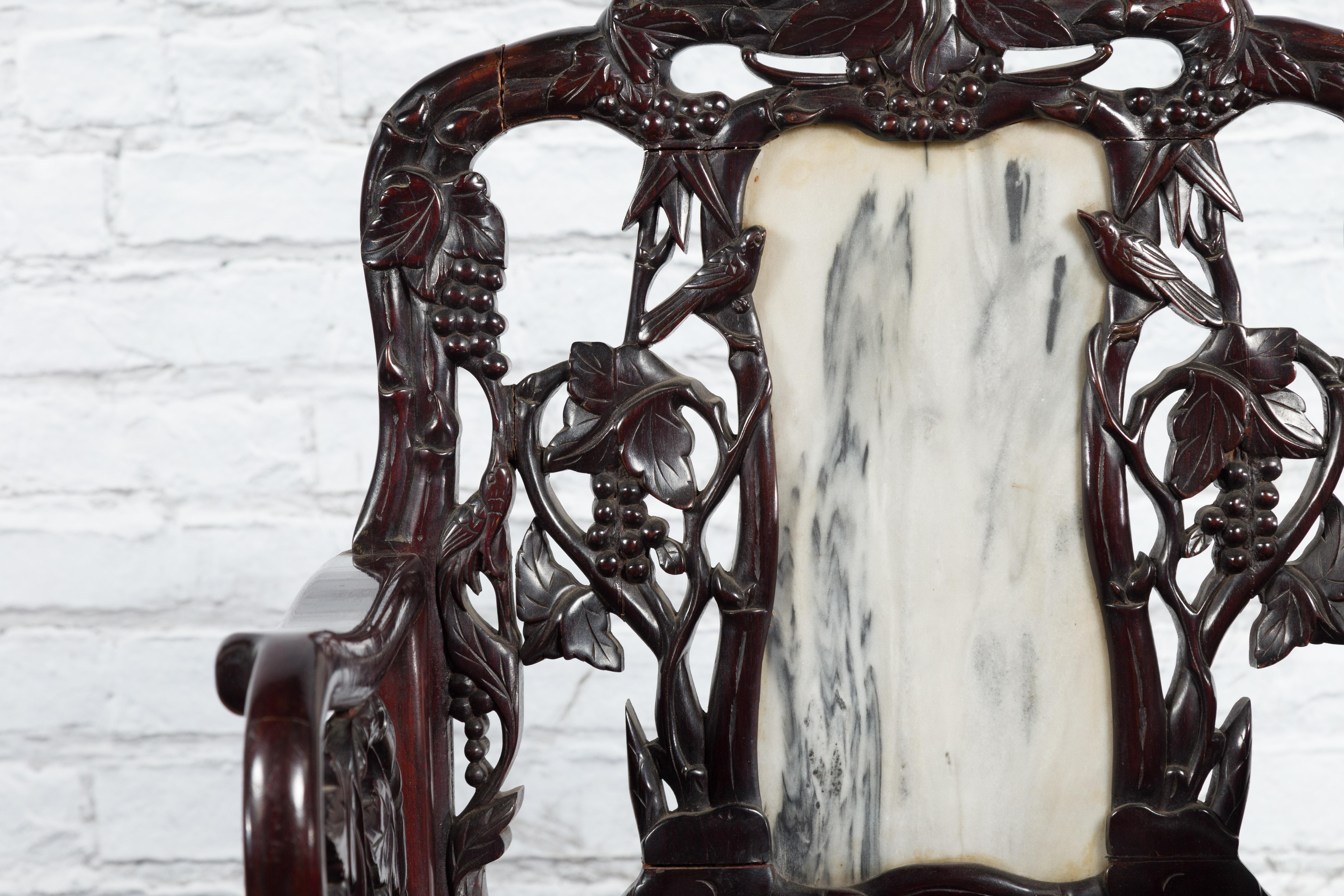 Pair of Chinese Hand Carved Rosewood Armchairs with Marble Splat and Dark Patina For Sale 5
