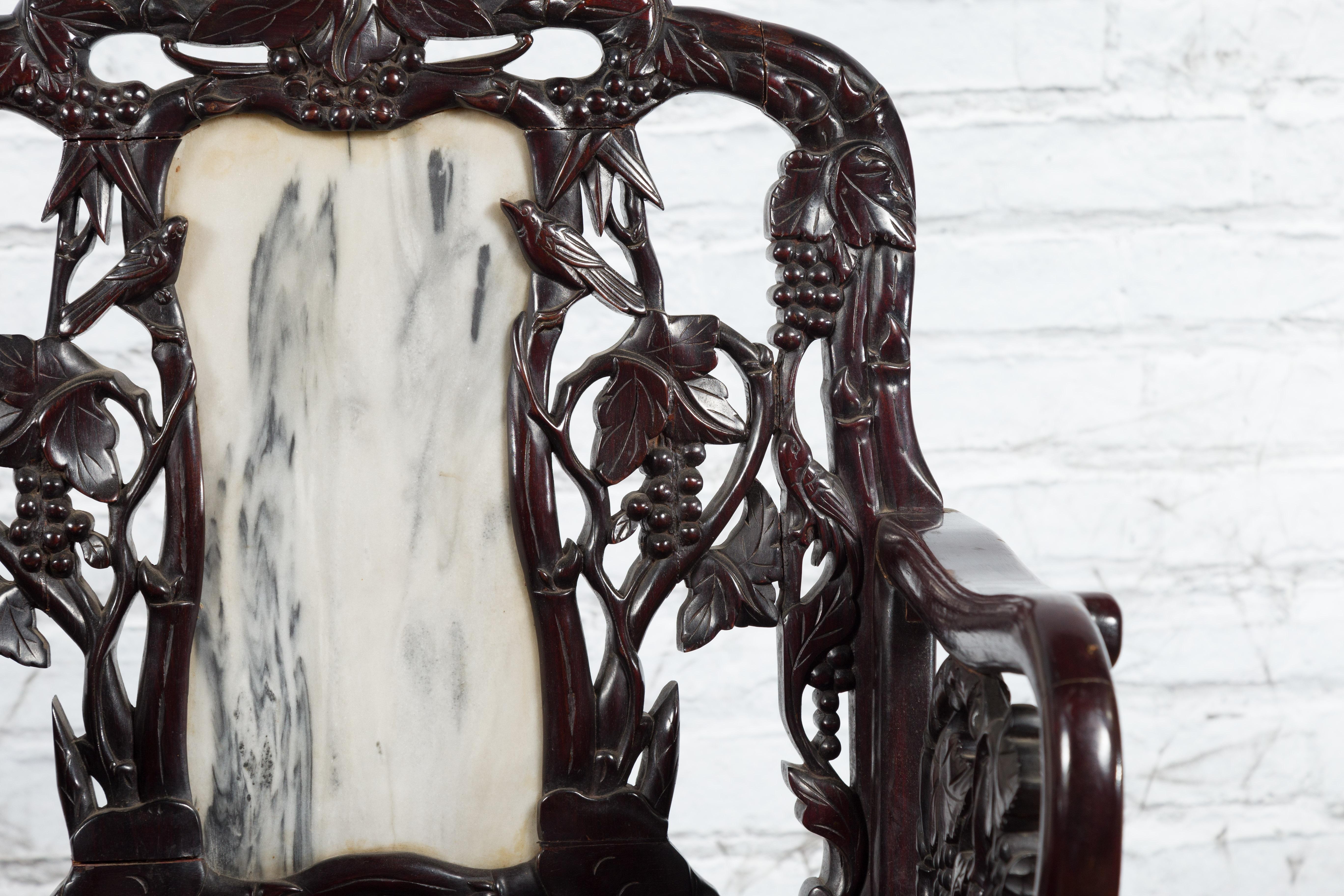 Pair of Chinese Hand Carved Rosewood Armchairs with Marble Splat and Dark Patina For Sale 6