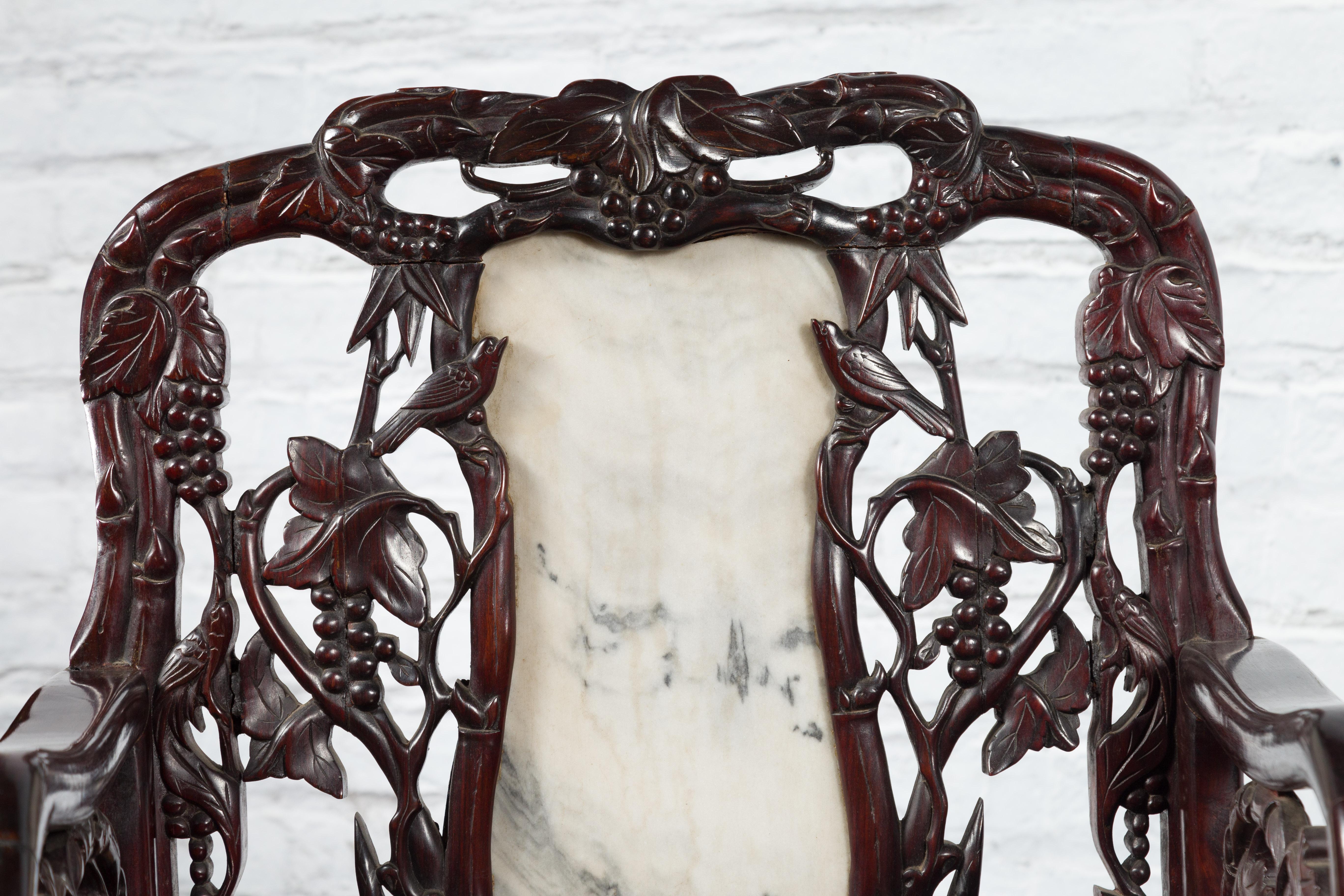 Pair of Chinese Hand Carved Rosewood Armchairs with Marble Splat and Dark Patina For Sale 8