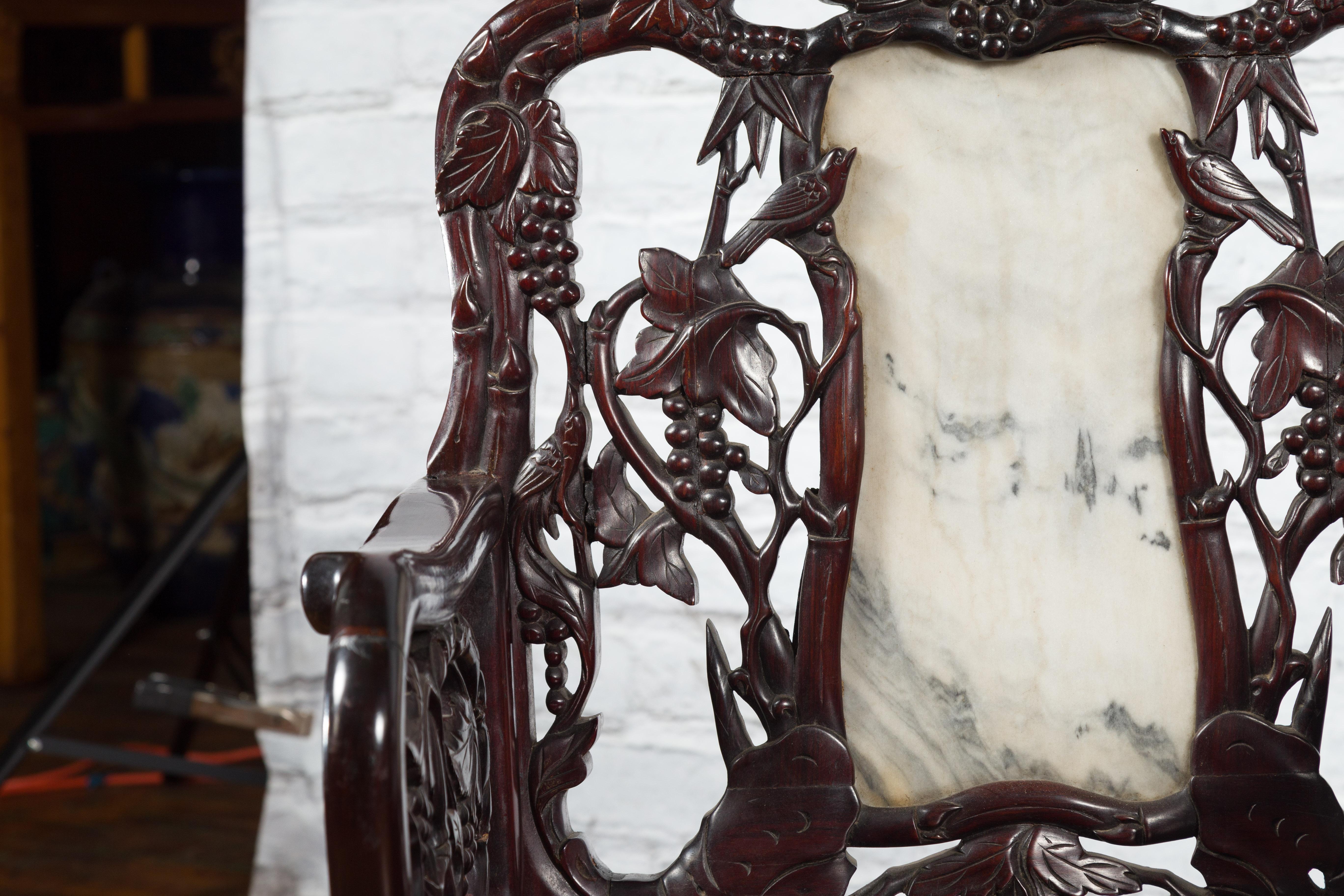 Pair of Chinese Hand Carved Rosewood Armchairs with Marble Splat and Dark Patina For Sale 10