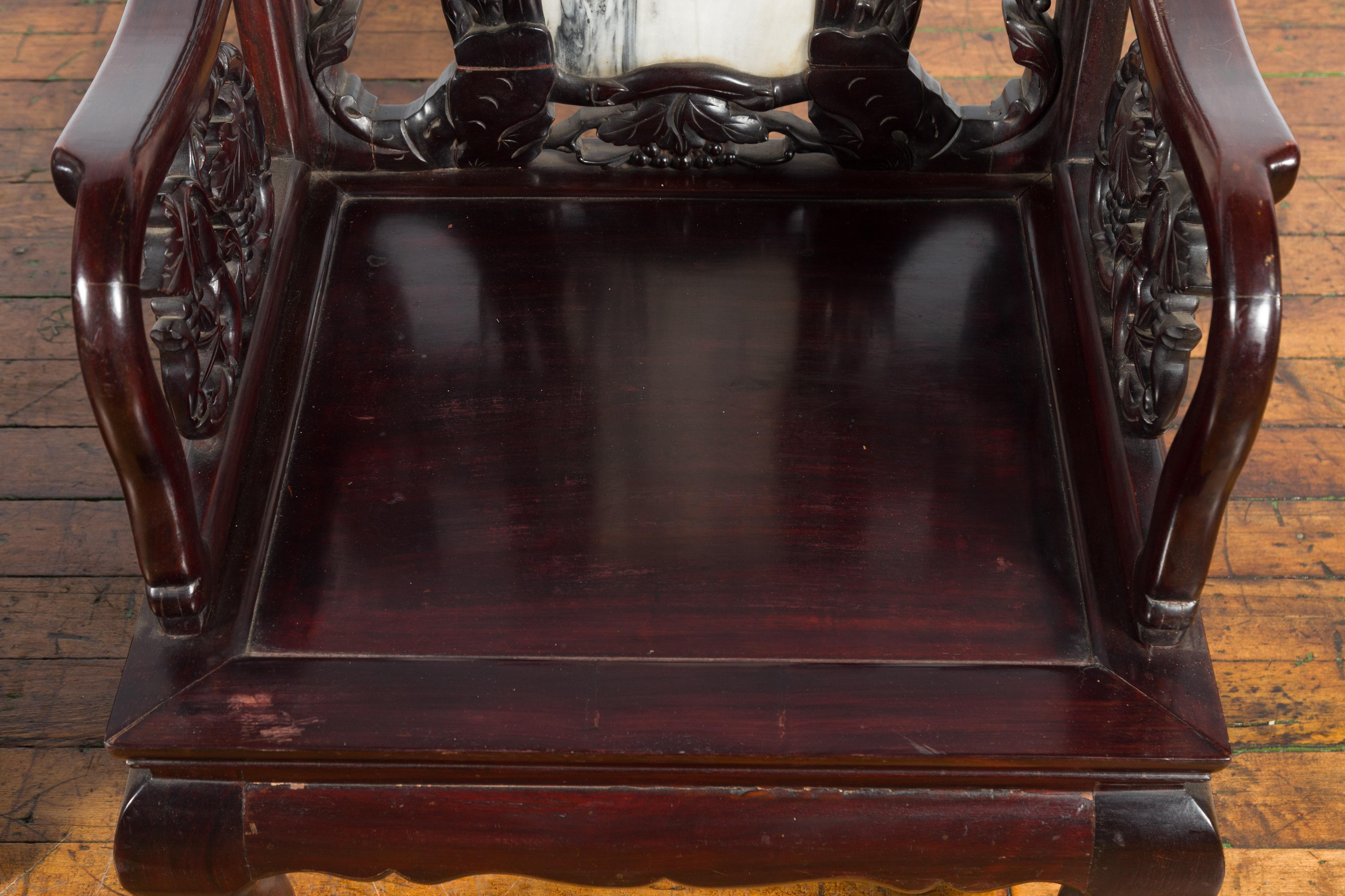 Pair of Chinese Hand Carved Rosewood Armchairs with Marble Splat and Dark Patina For Sale 13