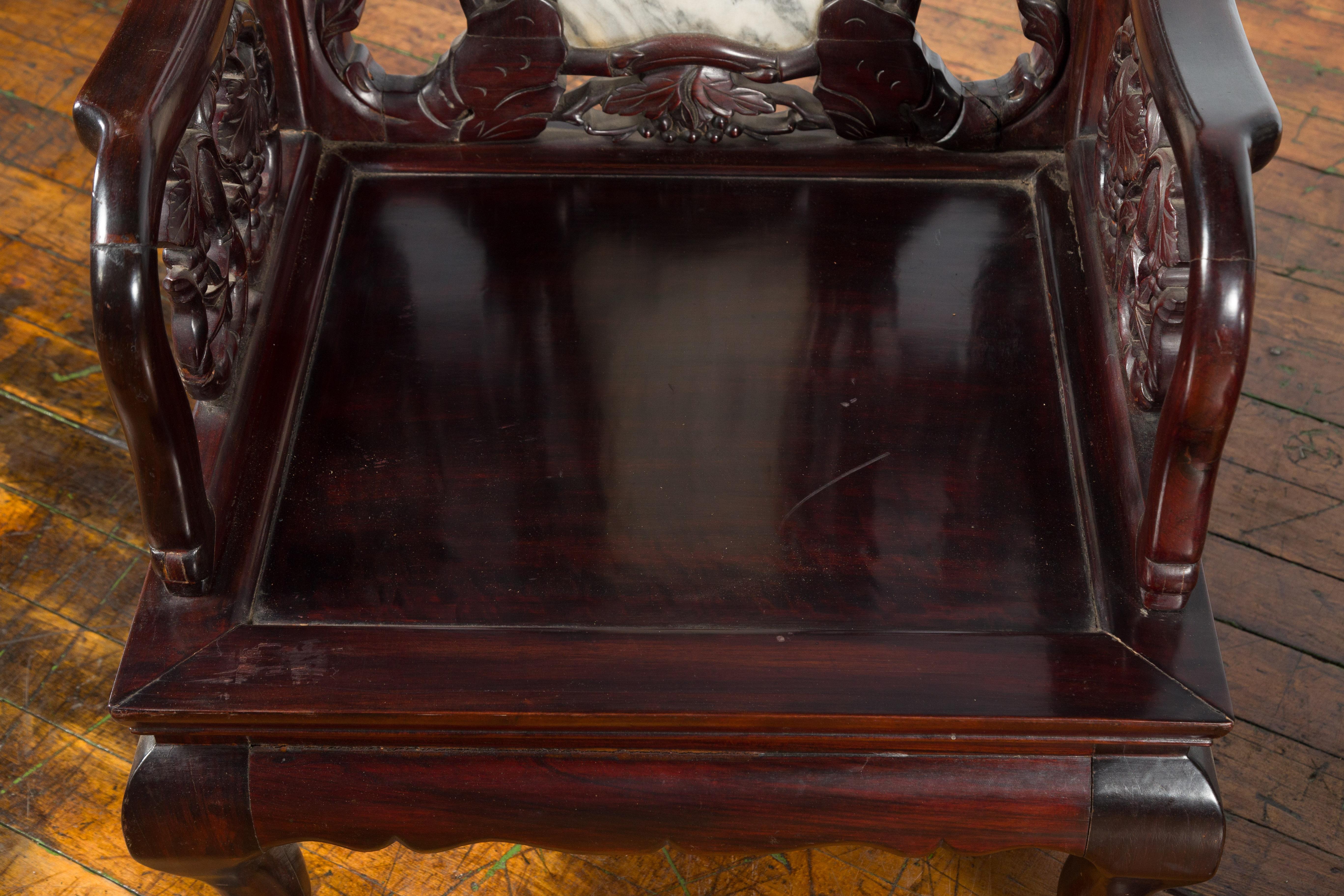 Pair of Chinese Hand Carved Rosewood Armchairs with Marble Splat and Dark Patina For Sale 14