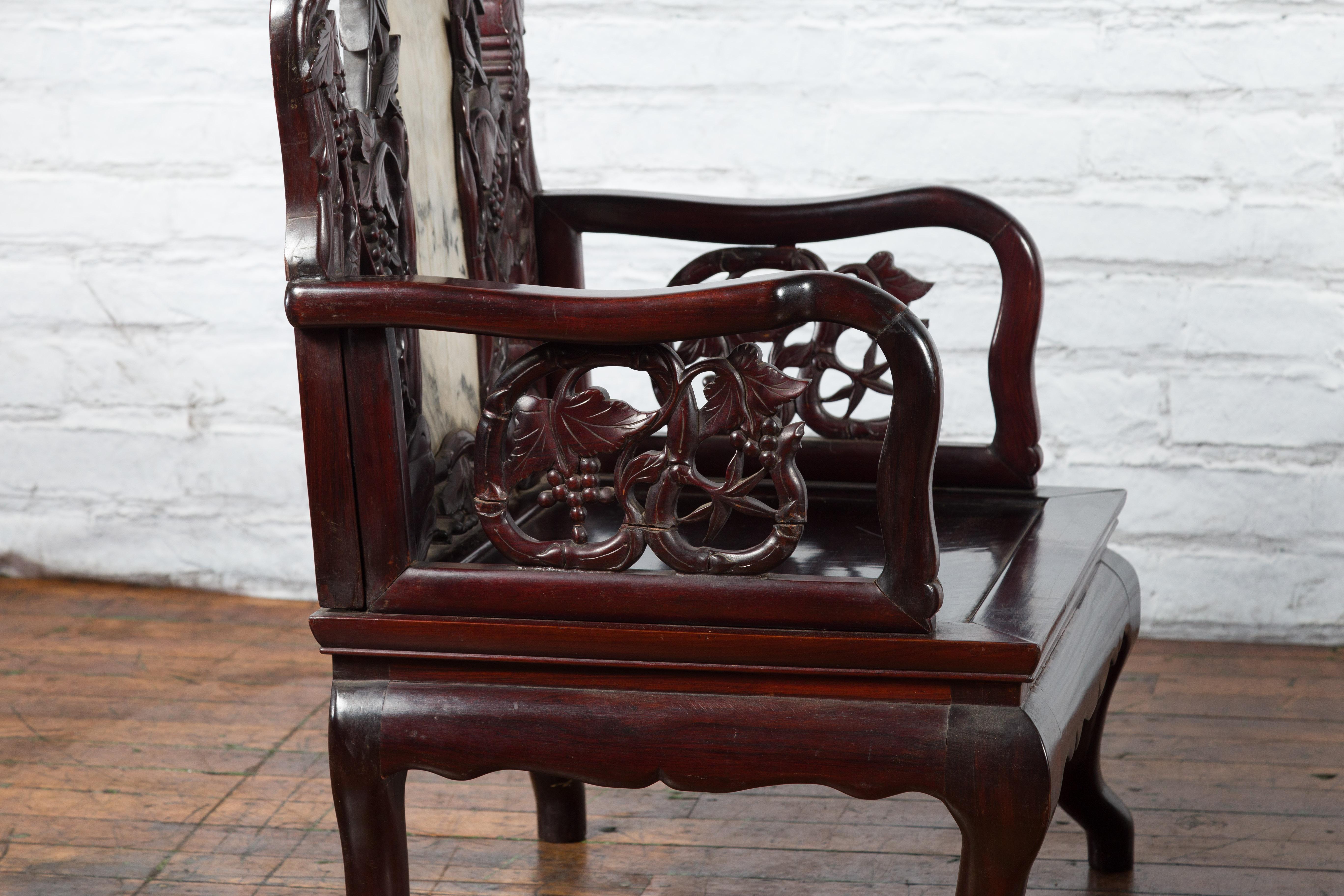 Pair of Chinese Hand Carved Rosewood Armchairs with Marble Splat and Dark Patina For Sale 15