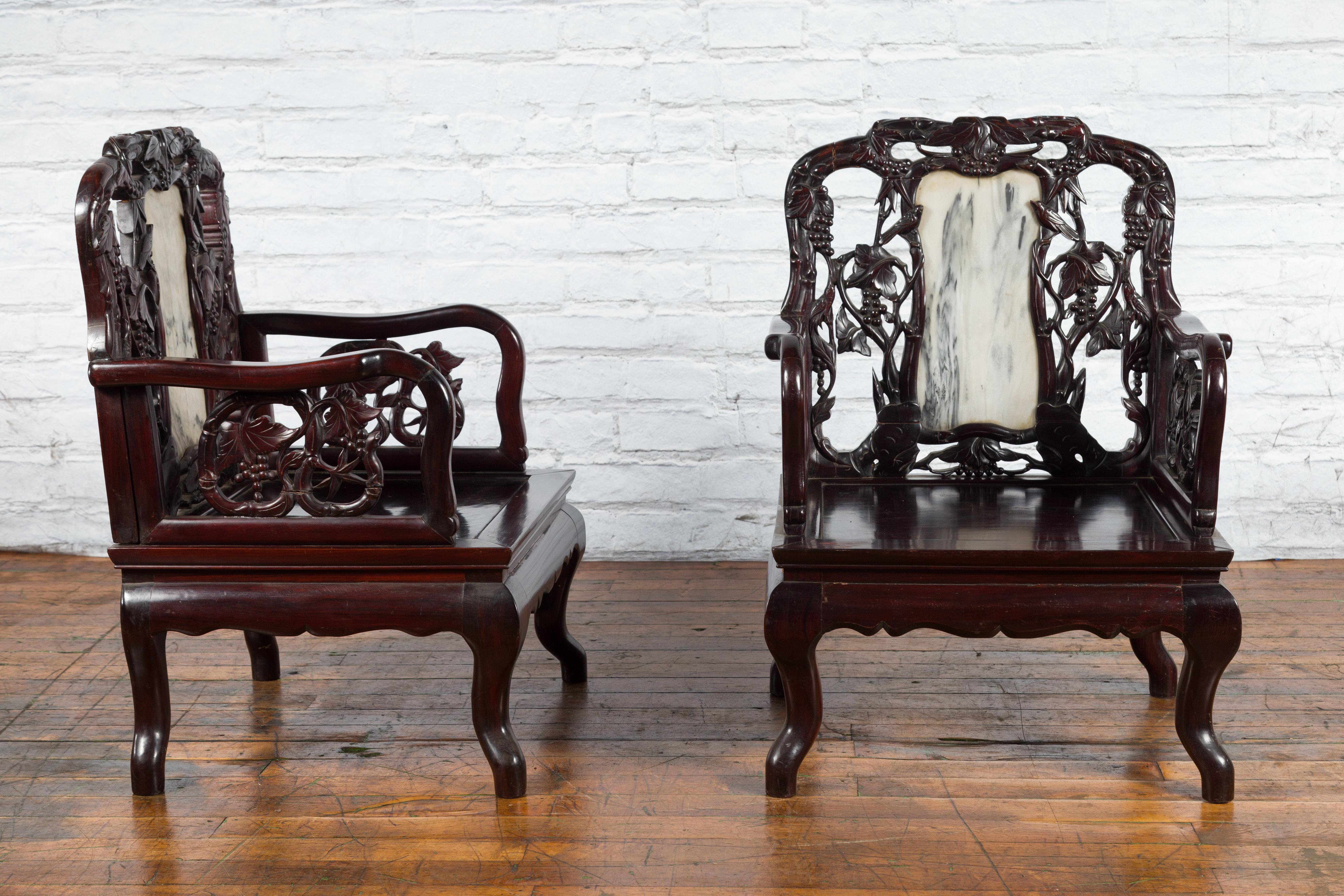 Hand-Carved Pair of Chinese Hand Carved Rosewood Armchairs with Marble Splat and Dark Patina For Sale