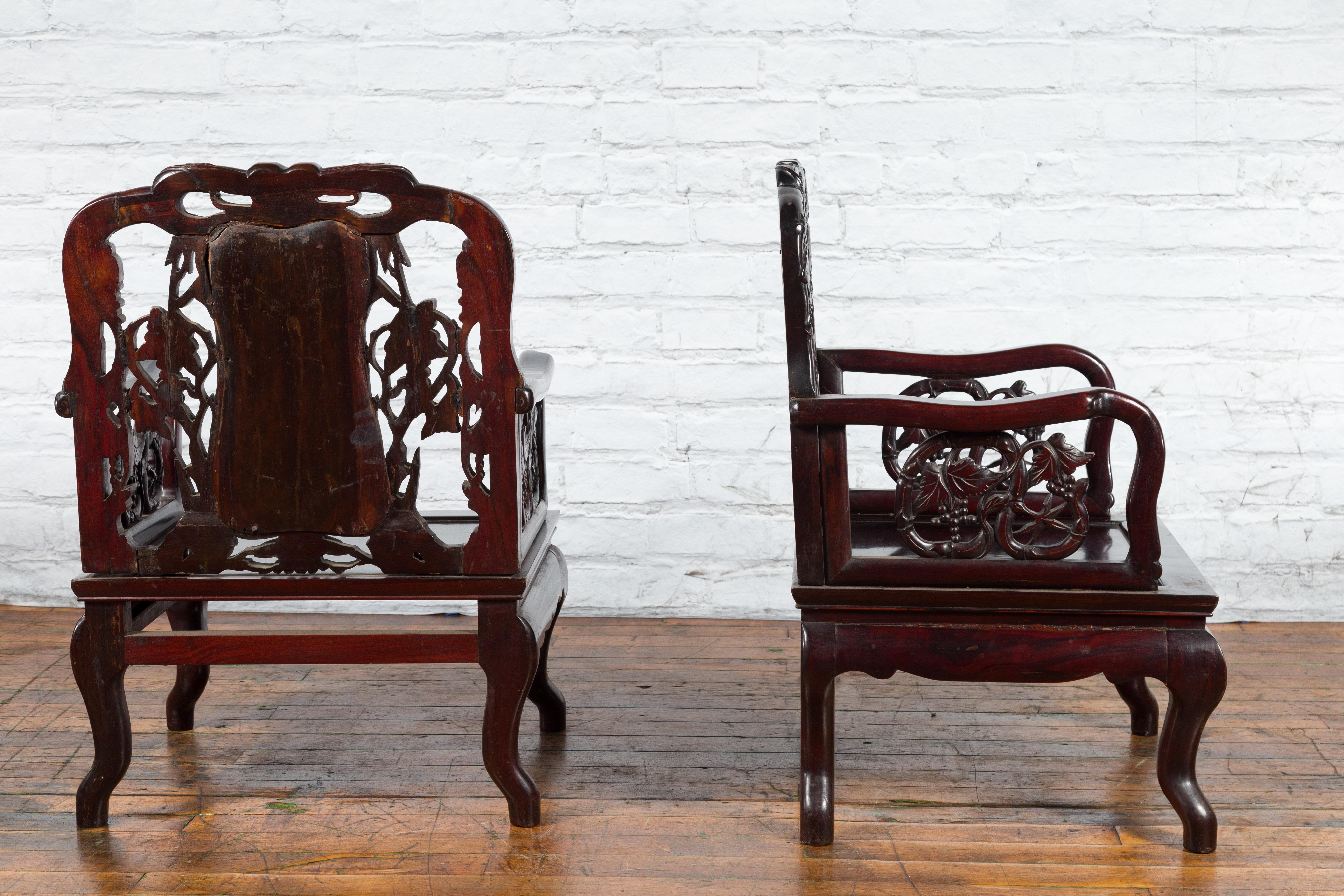 Pair of Chinese Hand Carved Rosewood Armchairs with Marble Splat and Dark Patina In Good Condition For Sale In Yonkers, NY