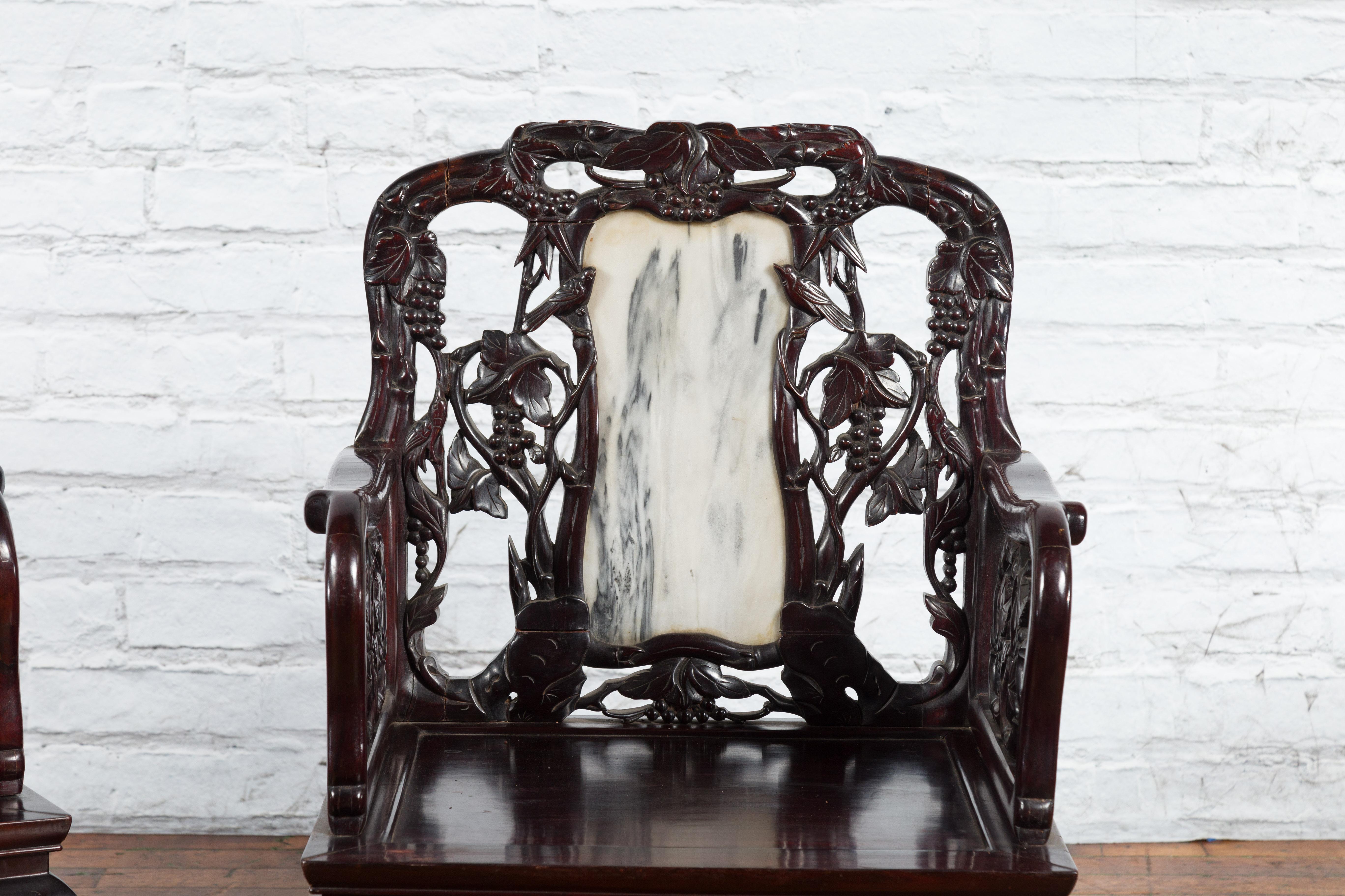 20th Century Pair of Chinese Hand Carved Rosewood Armchairs with Marble Splat and Dark Patina For Sale