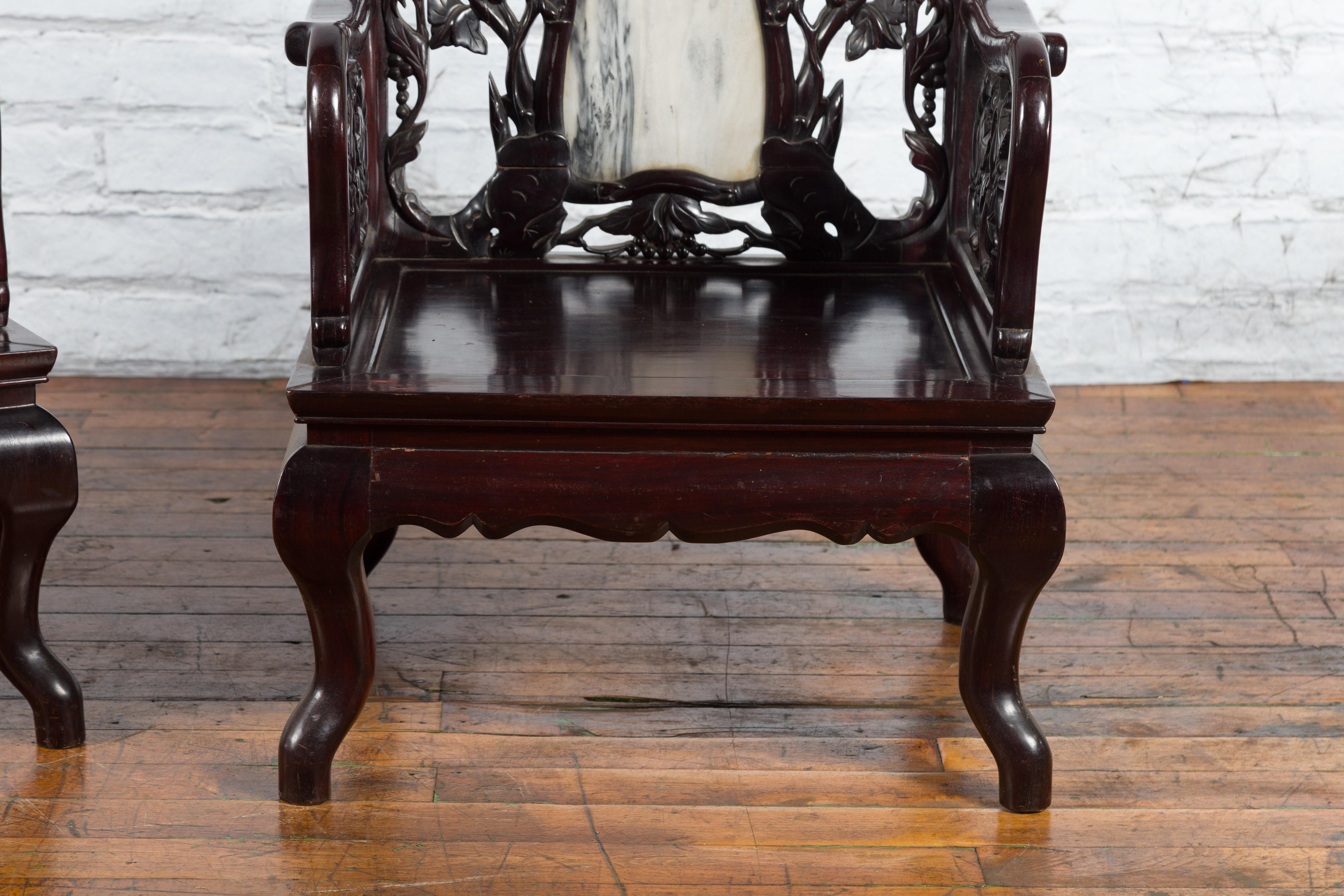 Pair of Chinese Hand Carved Rosewood Armchairs with Marble Splat and Dark Patina For Sale 1