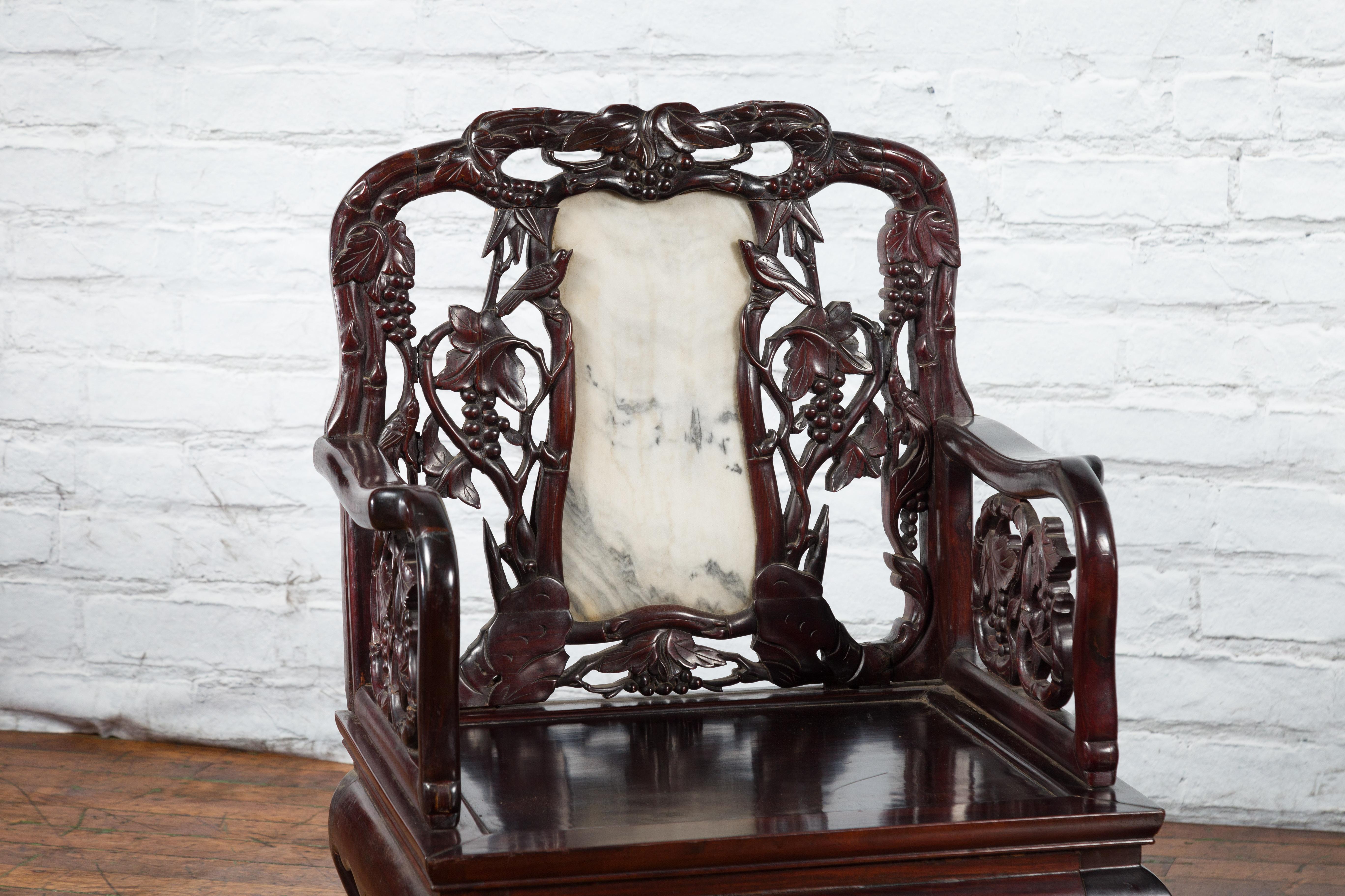 Pair of Chinese Hand Carved Rosewood Armchairs with Marble Splat and Dark Patina For Sale 2