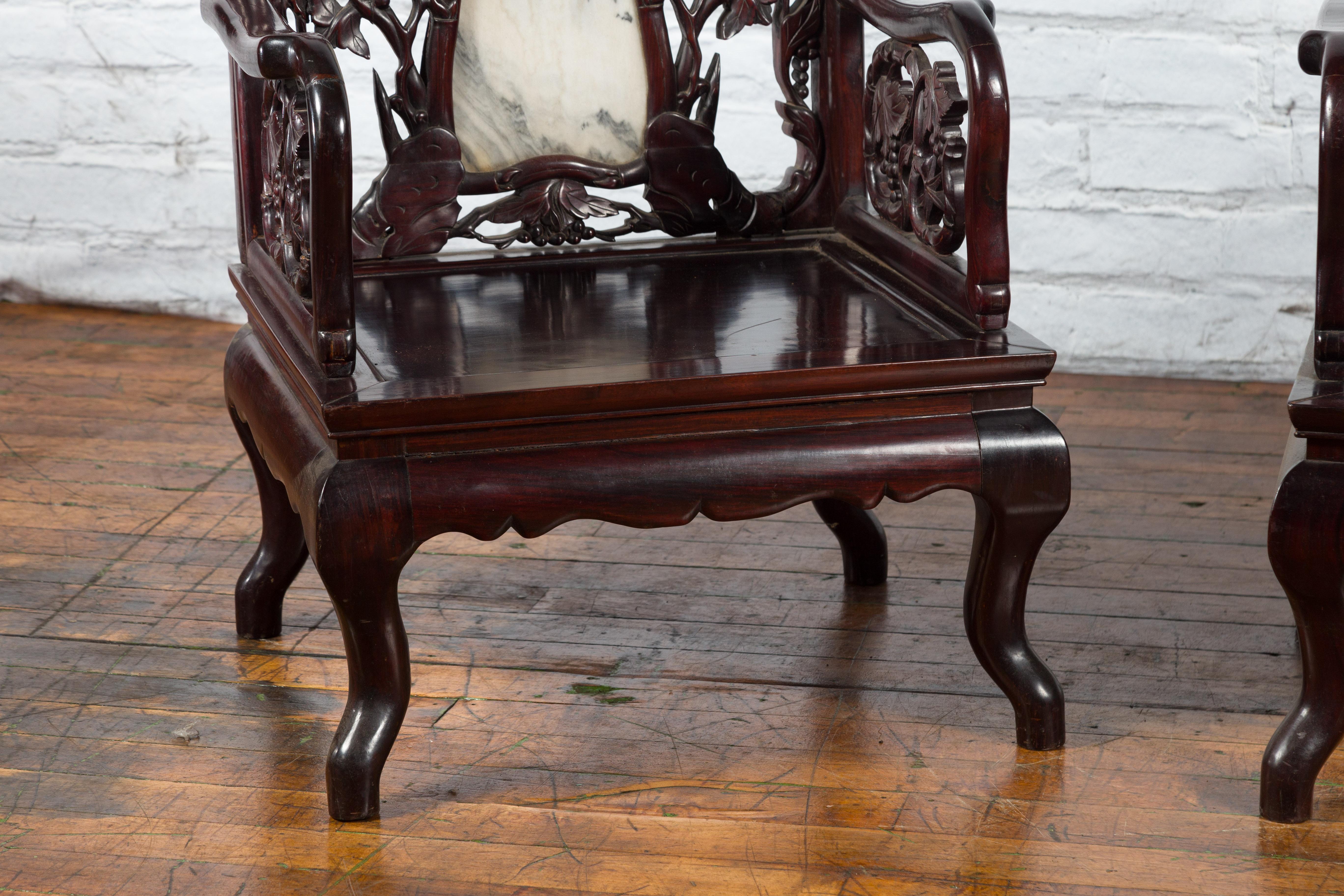 Pair of Chinese Hand Carved Rosewood Armchairs with Marble Splat and Dark Patina For Sale 3