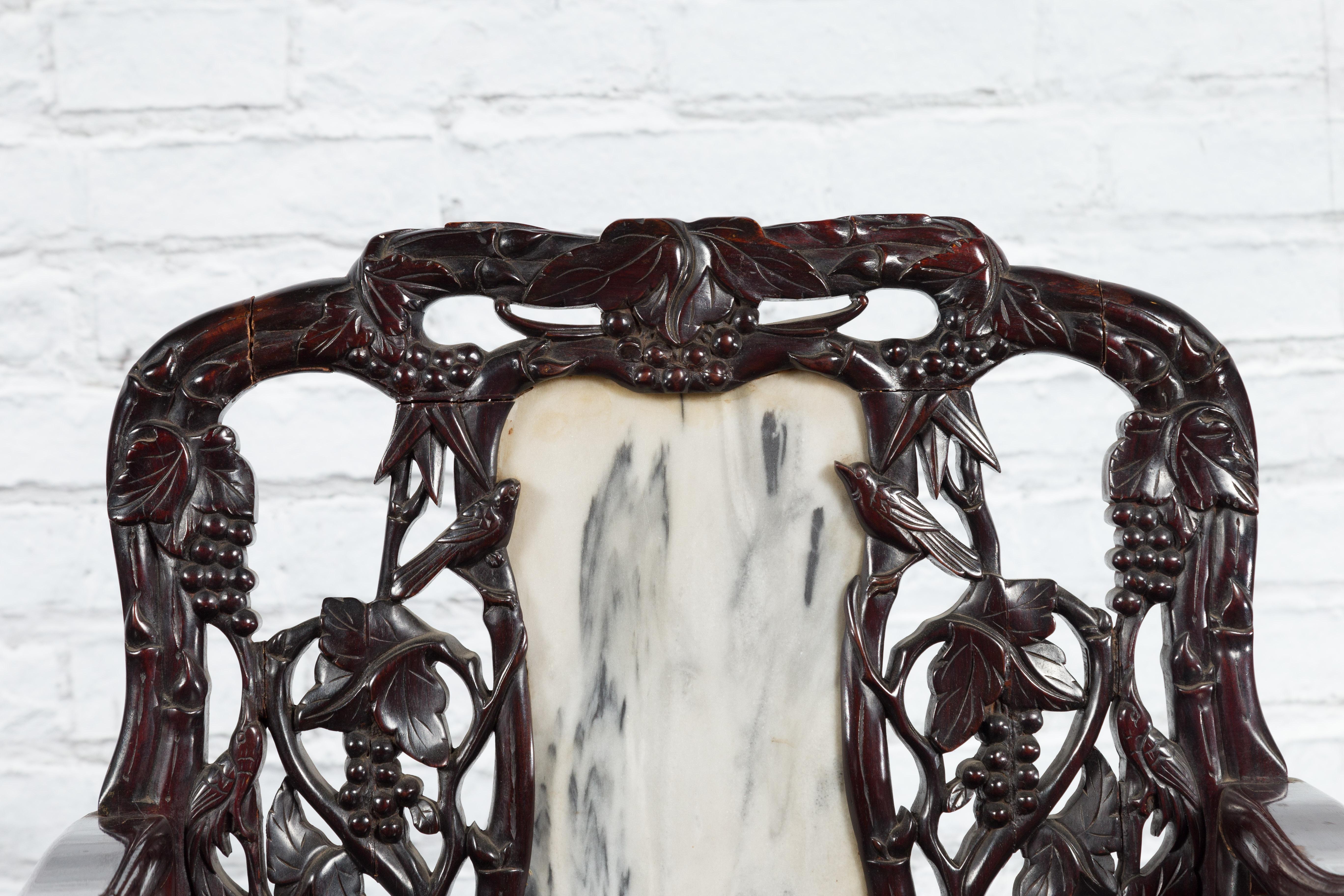 Pair of Chinese Hand Carved Rosewood Armchairs with Marble Splat and Dark Patina For Sale 4