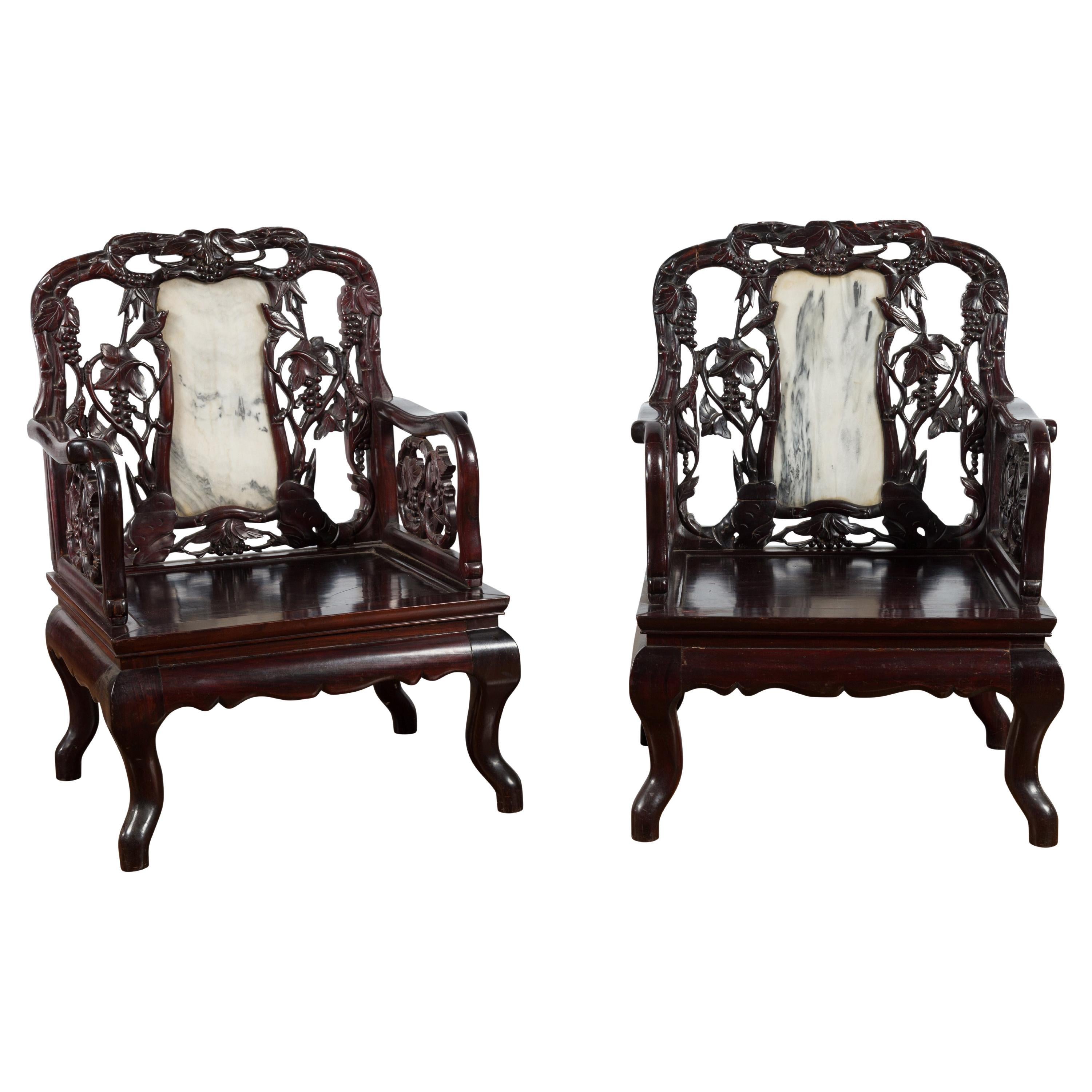 Pair of Chinese Hand Carved Rosewood Armchairs with Marble Splat and Dark Patina For Sale