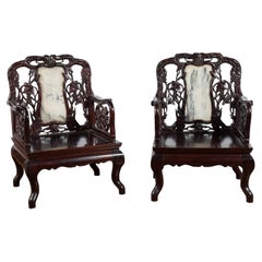 Antique Pair of Chinese Hand Carved Rosewood Armchairs with Marble Splat and Dark Patina