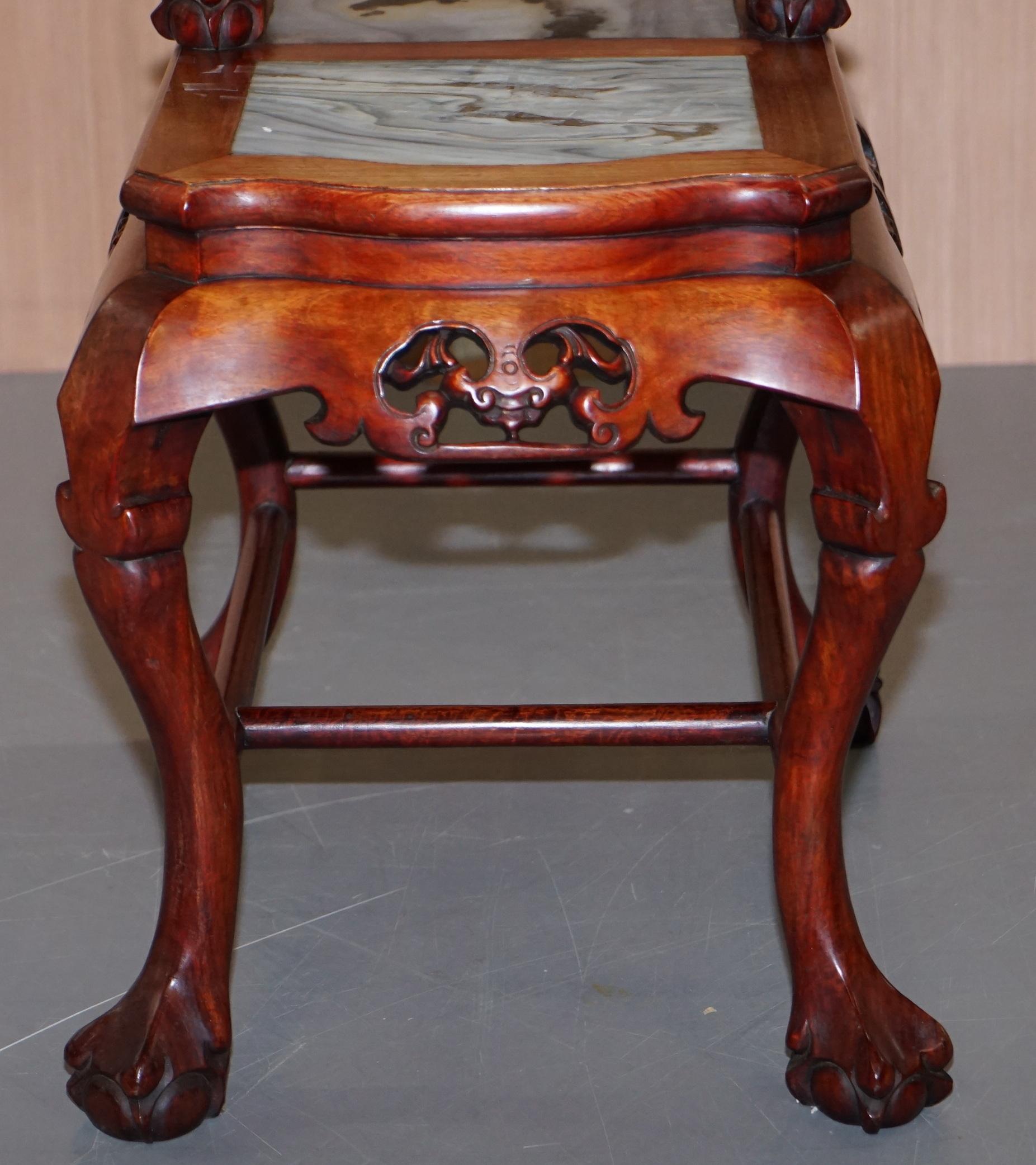 Pair of Chinese Hand Carved Hardwood Marble Side Tables with Claw and Ball Feet For Sale 4