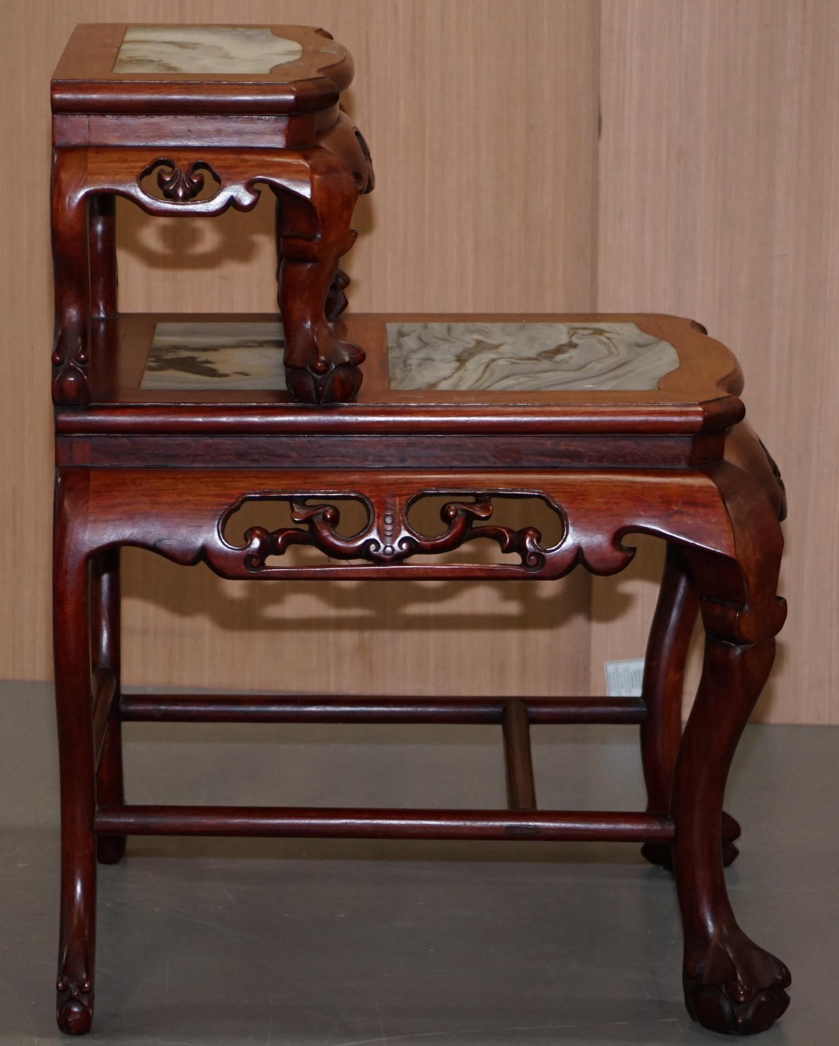 Pair of Chinese Hand Carved Hardwood Marble Side Tables with Claw and Ball Feet For Sale 6