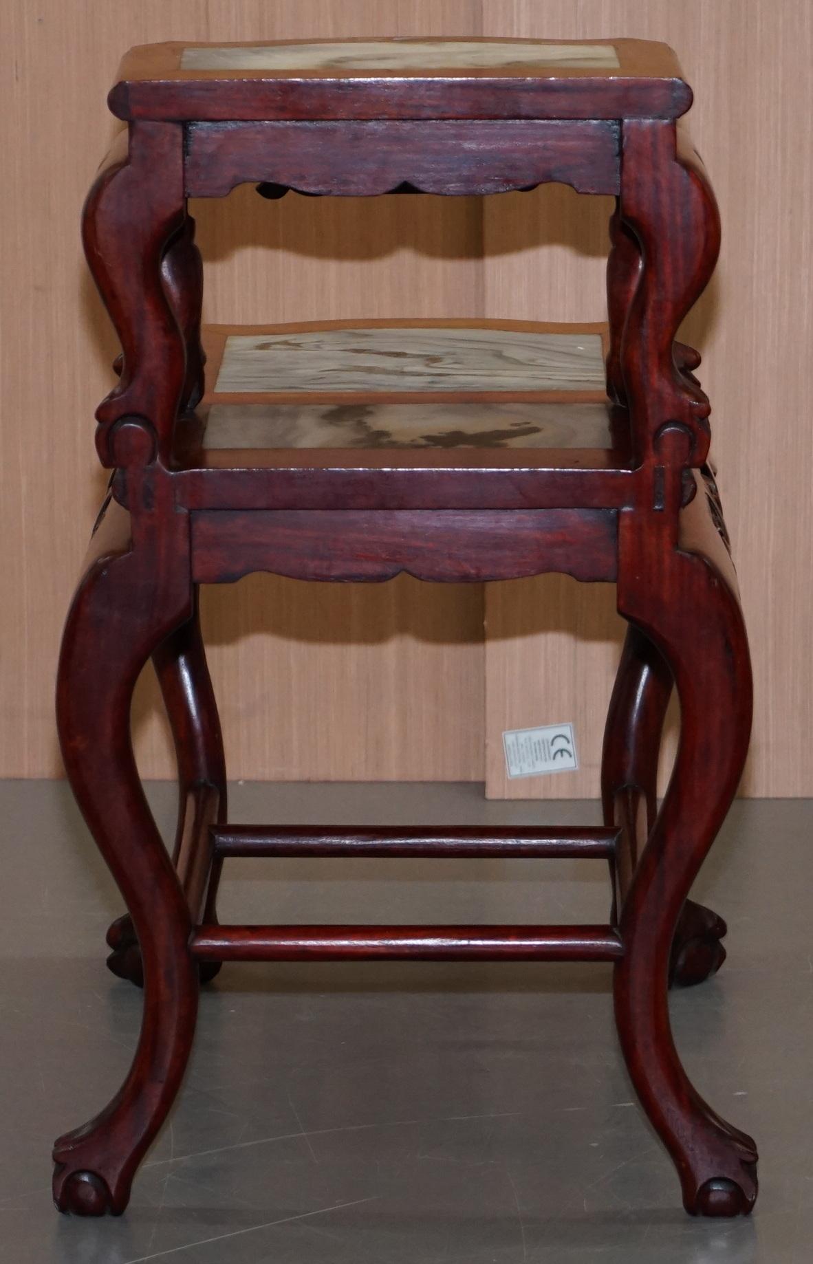 Pair of Chinese Hand Carved Hardwood Marble Side Tables with Claw and Ball Feet For Sale 7