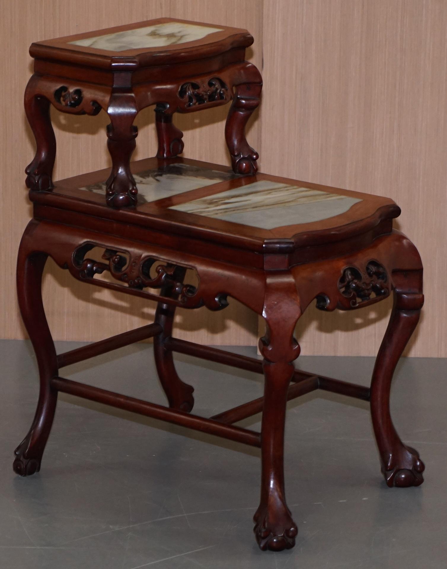 Pair of Chinese Hand Carved Hardwood Marble Side Tables with Claw and Ball Feet For Sale 8