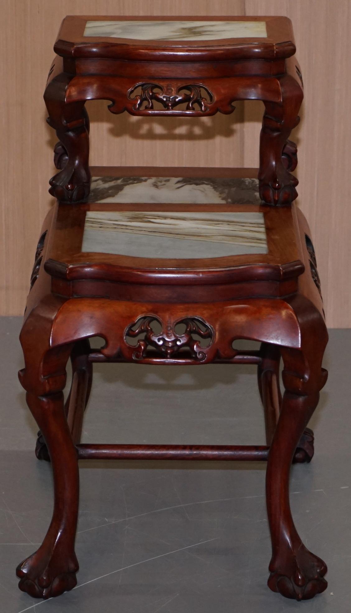 Pair of Chinese Hand Carved Hardwood Marble Side Tables with Claw and Ball Feet For Sale 9