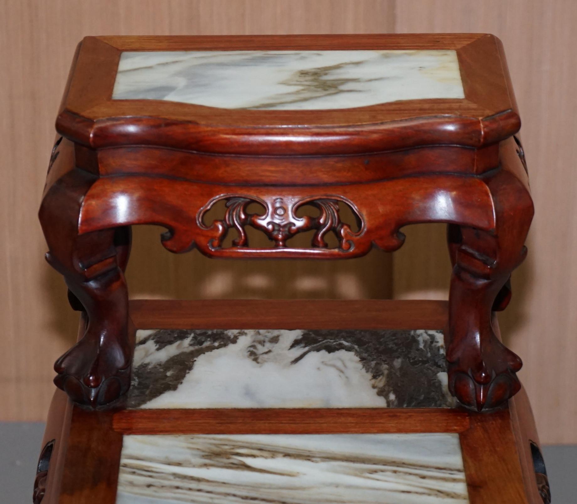 Pair of Chinese Hand Carved Hardwood Marble Side Tables with Claw and Ball Feet For Sale 10