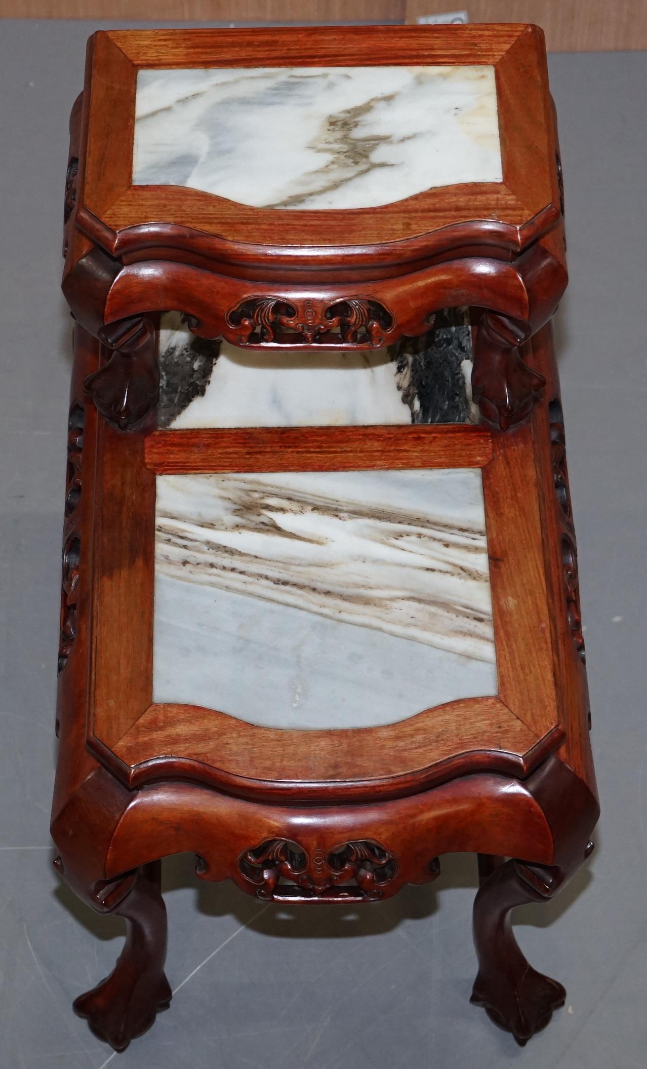 Pair of Chinese Hand Carved Hardwood Marble Side Tables with Claw and Ball Feet For Sale 11