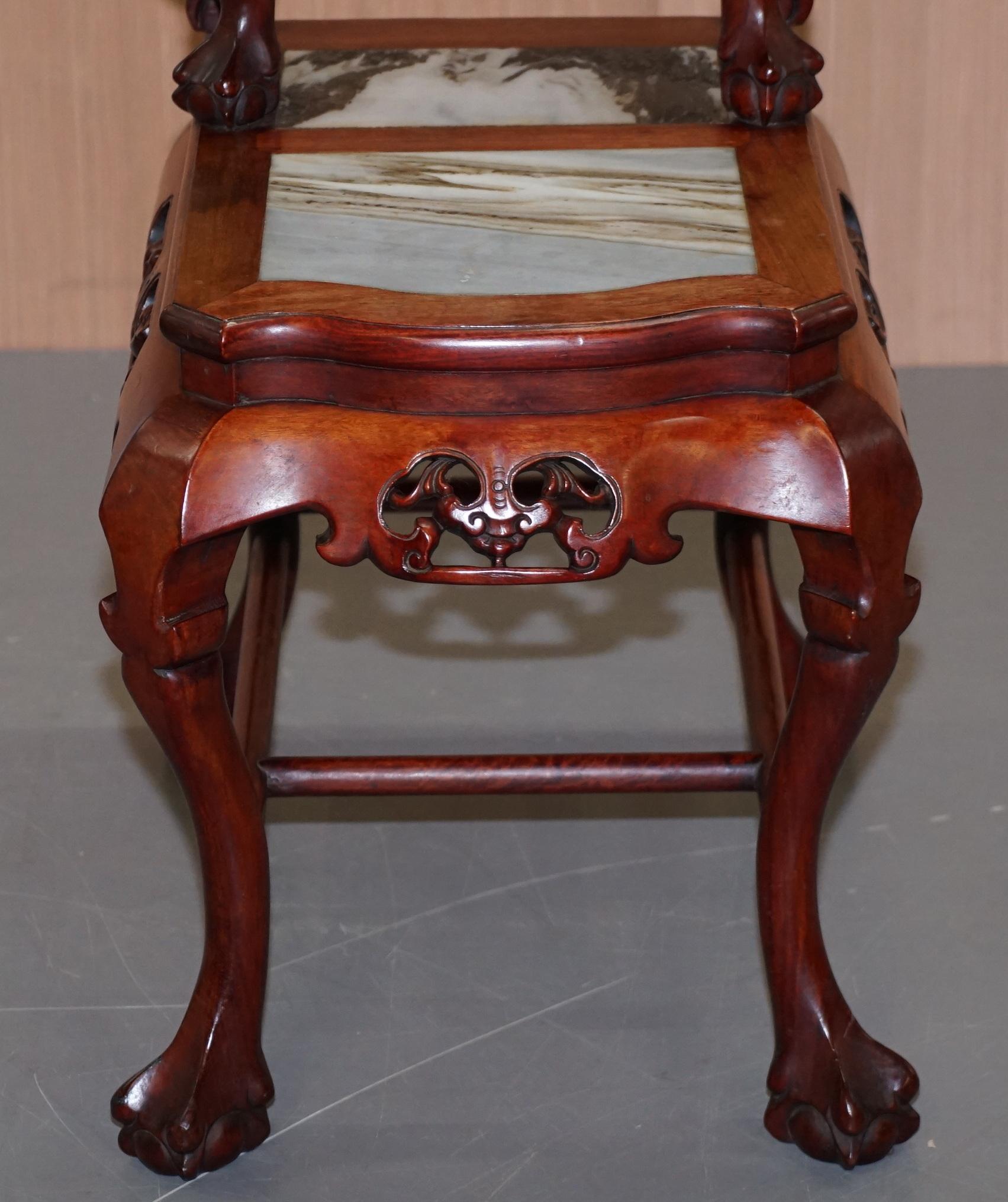 Pair of Chinese Hand Carved Hardwood Marble Side Tables with Claw and Ball Feet For Sale 12