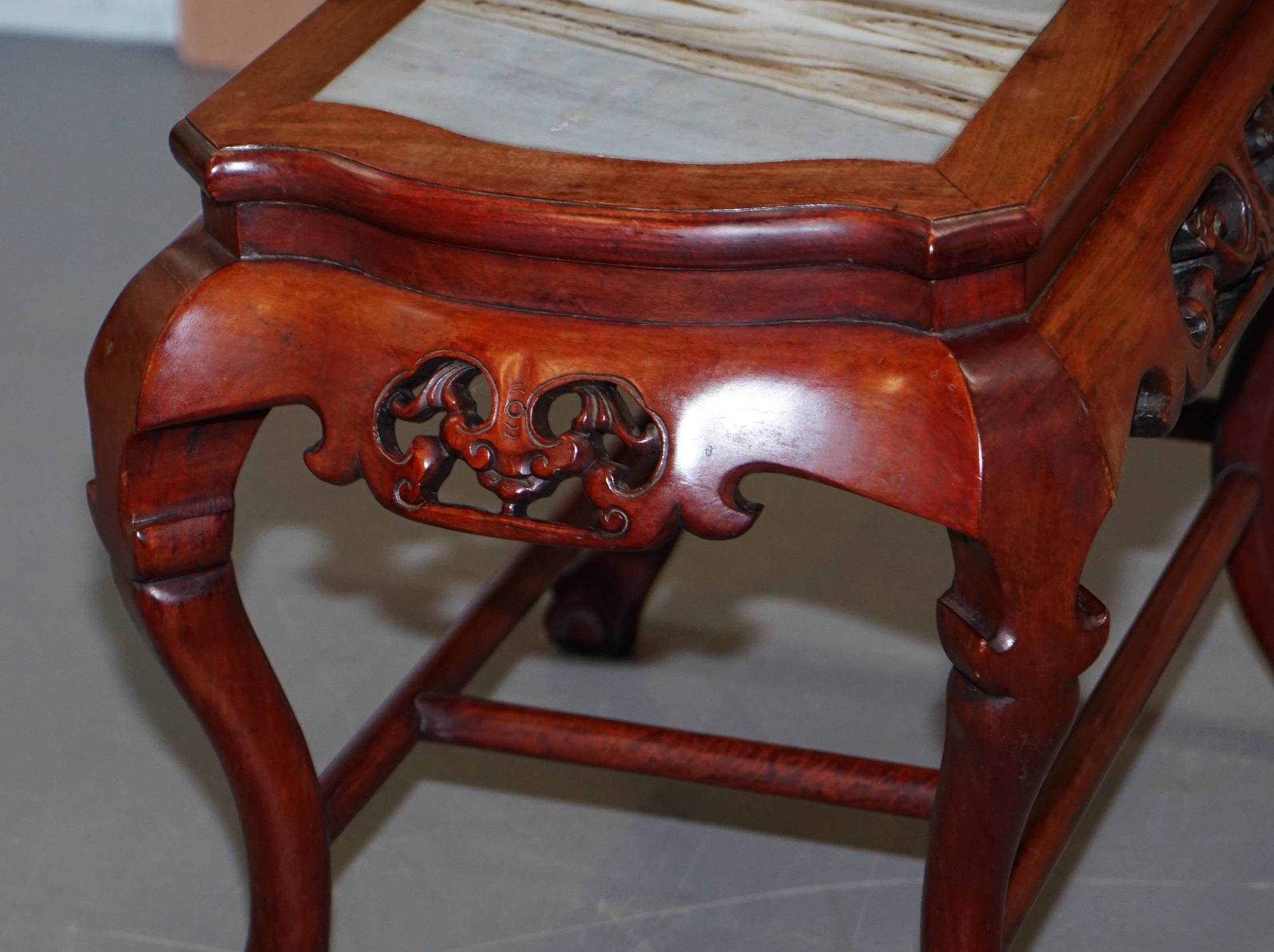 Pair of Chinese Hand Carved Hardwood Marble Side Tables with Claw and Ball Feet For Sale 13