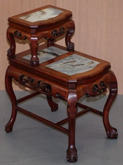 Pair of Chinese Hand Carved Hardwood Marble Side Tables with Claw and Ball Feet