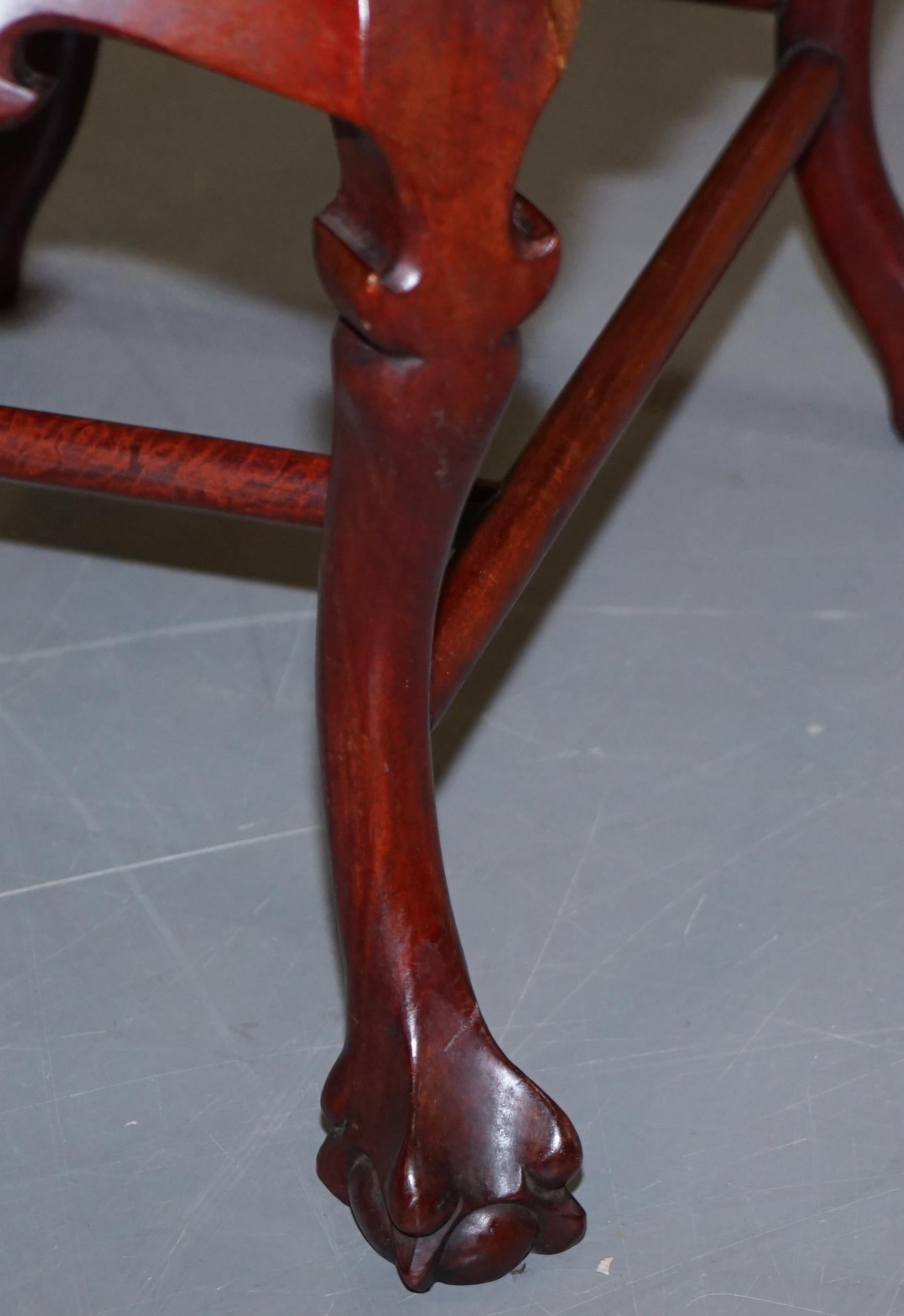 Pair of Chinese Hand Carved Hardwood Marble Side Tables with Claw and Ball Feet For Sale 14