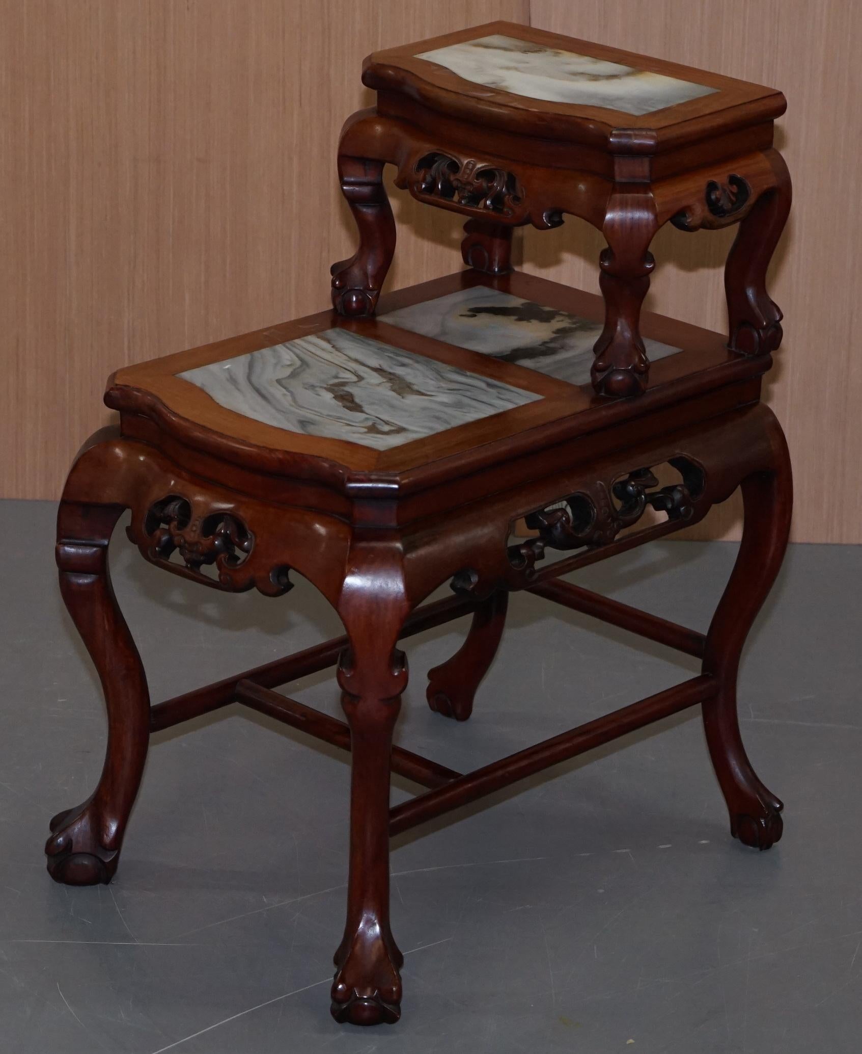 Victorian Pair of Chinese Hand Carved Hardwood Marble Side Tables with Claw and Ball Feet For Sale