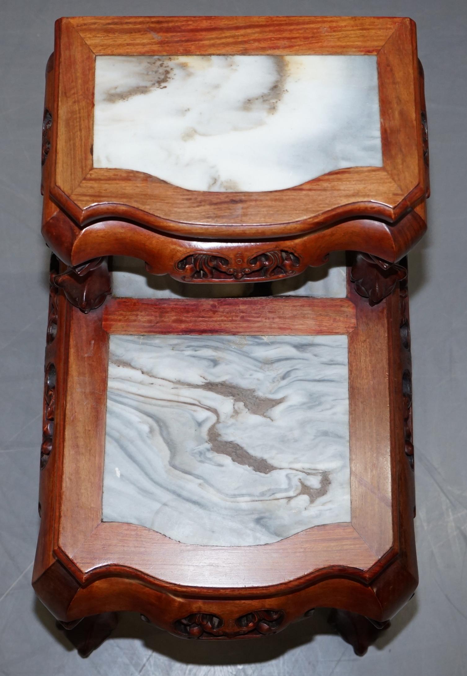 Hand-Crafted Pair of Chinese Hand Carved Hardwood Marble Side Tables with Claw and Ball Feet For Sale