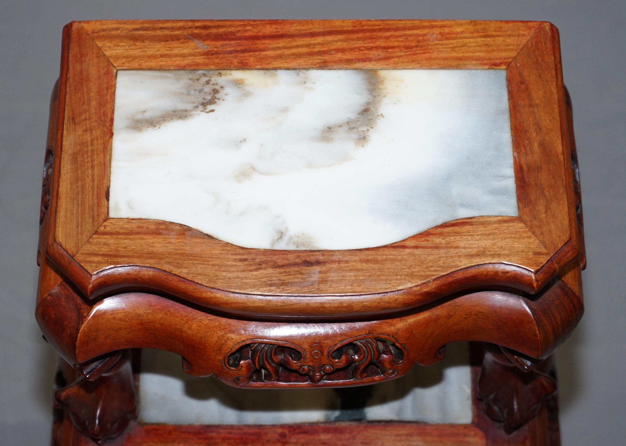 19th Century Pair of Chinese Hand Carved Hardwood Marble Side Tables with Claw and Ball Feet For Sale