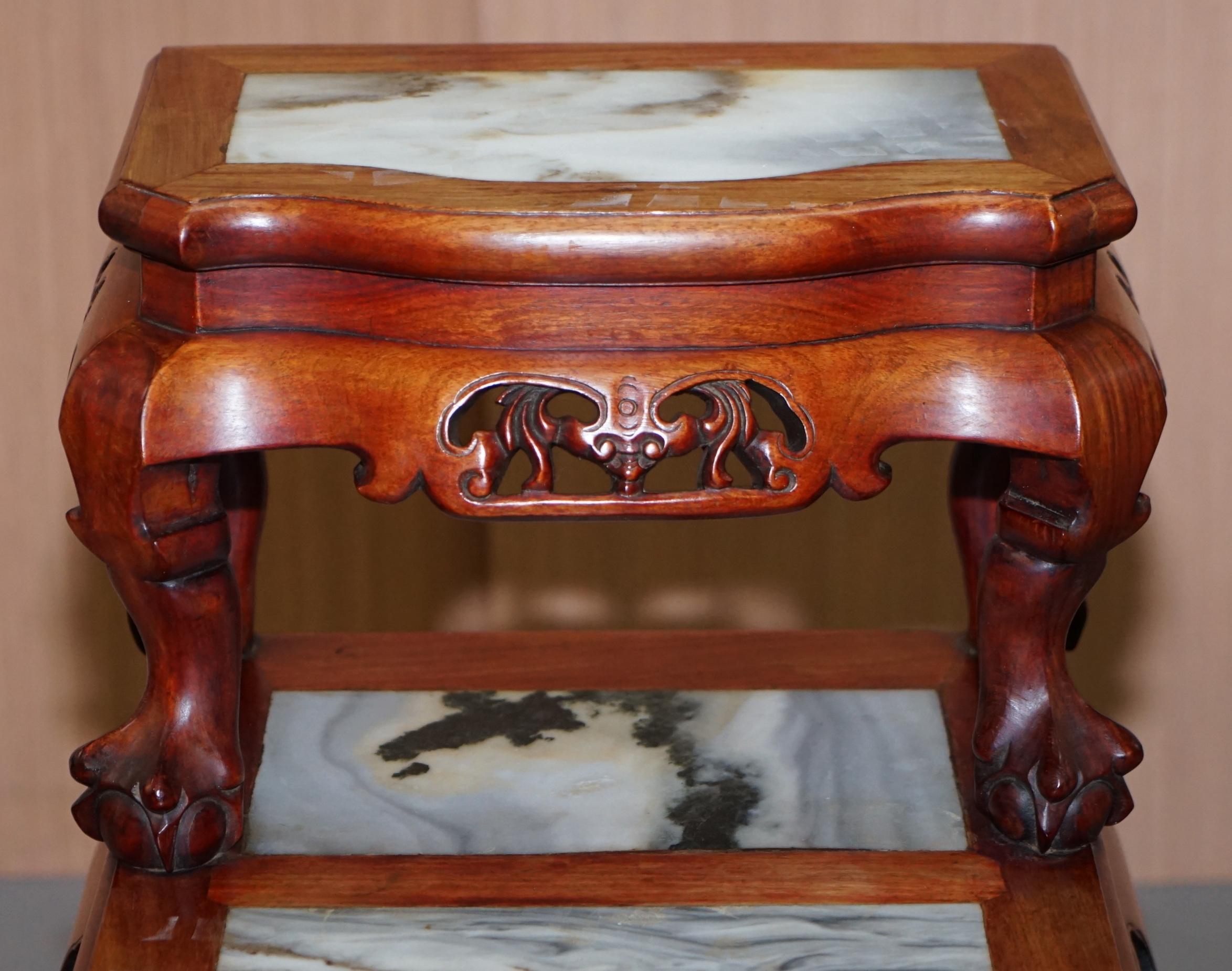 Pair of Chinese Hand Carved Hardwood Marble Side Tables with Claw and Ball Feet For Sale 1