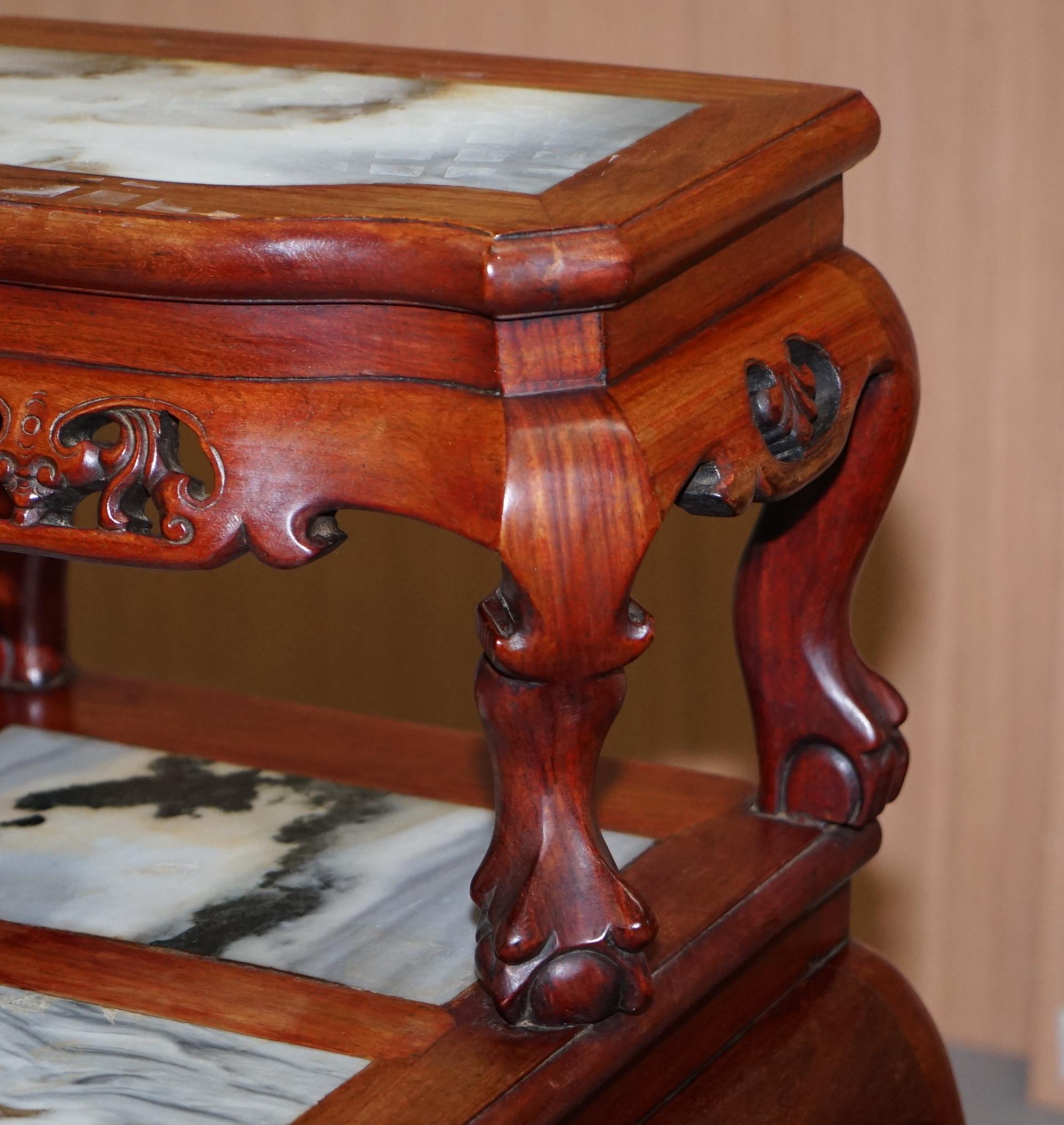 Pair of Chinese Hand Carved Hardwood Marble Side Tables with Claw and Ball Feet For Sale 2